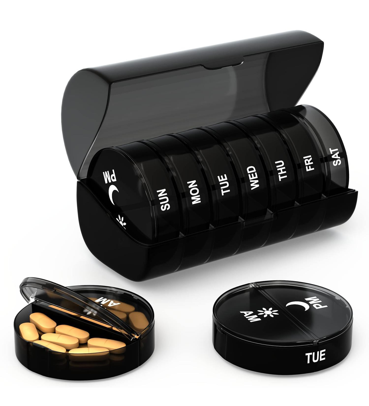 Weekly Pill Organizer 2x Daily Large Travel Pill Box for Vitamins & Supplements Airtight Lid Lock & Portable 7-Day Case (Black - Buy Online on GoSupps.com
