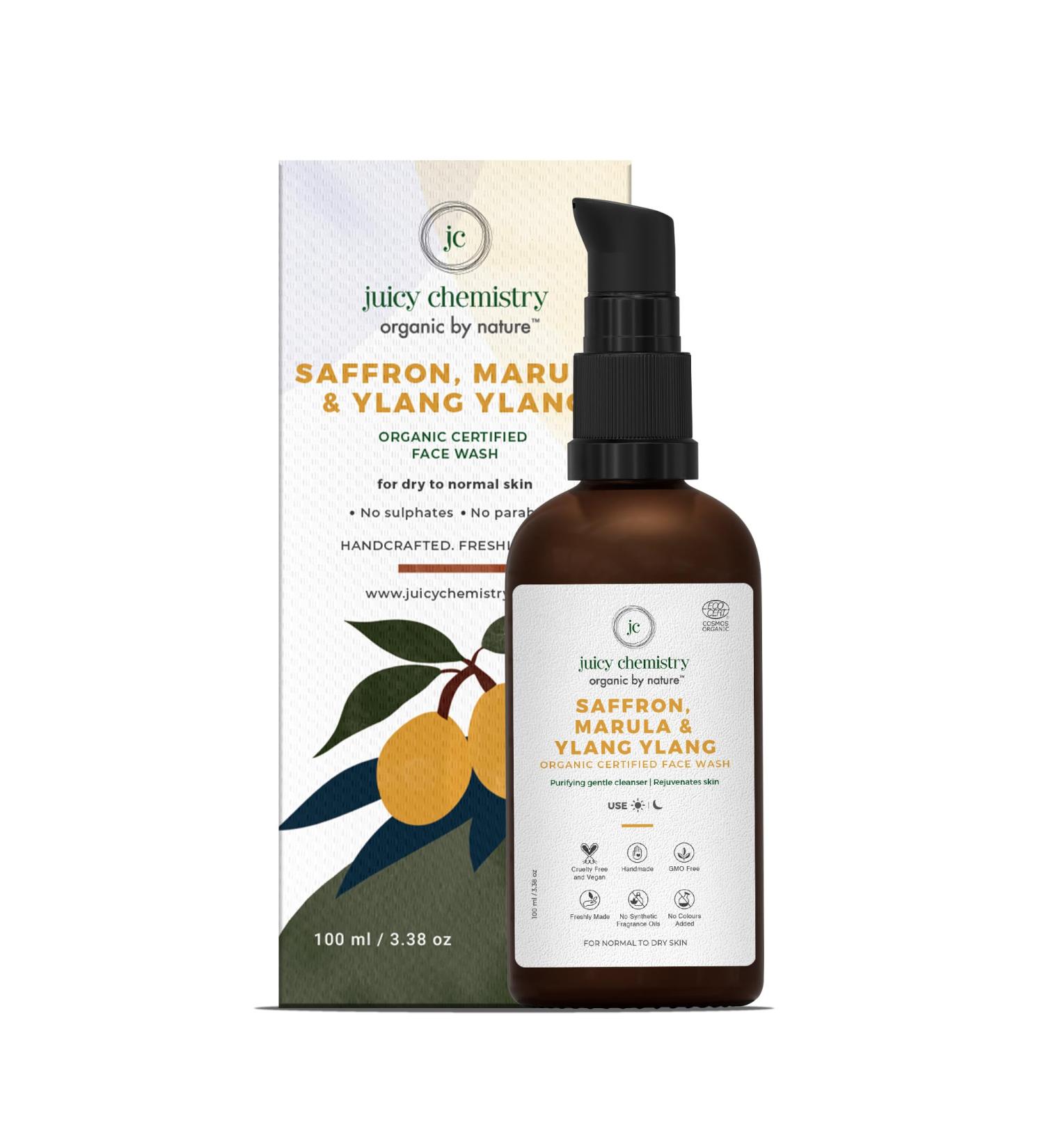Juicy Chemistry Saffron Marula & Ylang Ylang Organic Face Wash - 100ml for Radiant Skin | International Shipping - Buy Online on GoSupps.com
