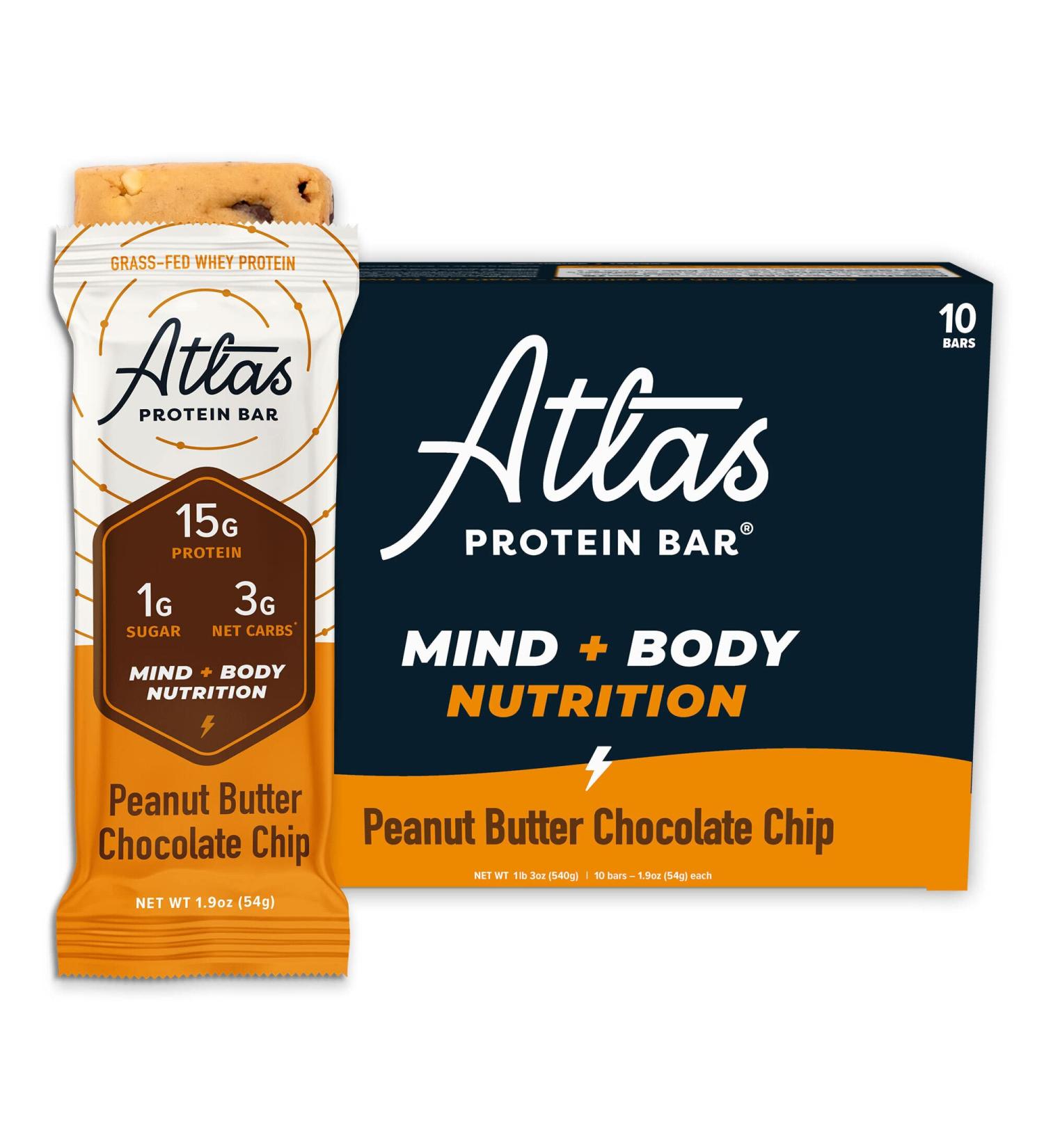 Atlas Mind + Body Keto Protein Bar - Peanut Butter Chocolate Chip (10 Count) | Low Carb, High Fiber, Low Sugar, Organic Ashwagandha Meal Replacement Bar - Buy Online on GoSupps.com