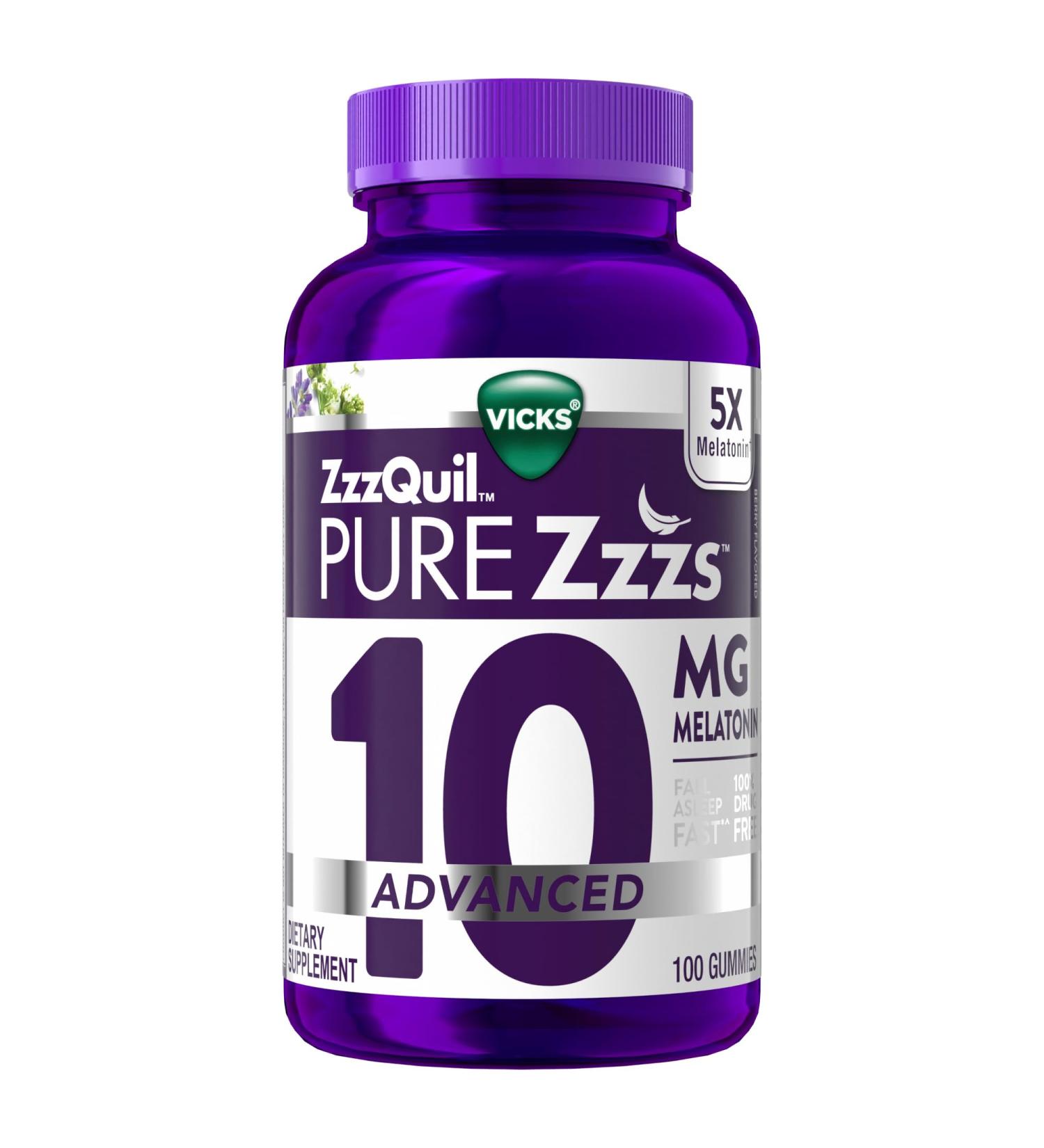 ZzzQuil Pure Zzzs Advanced Melatonin Gummies Sleep Aid with Chamomile & Lavender for Adults Berry Flavored 100 Count 100 Count (Pack of 1) - Buy Online on GoSupps.com