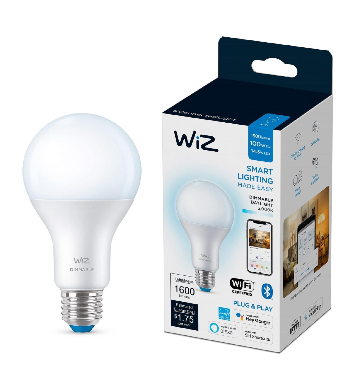 WiZ Connected Daylight High 1600 Lumen 100W A21 Smart WiFi Light Bulb  Dimmable 5000K  Compatible with Alexa and Google Home Assistant  No Hub Required  1 Bulb A21 Daylight (5000k) 1 Count (Pack of 1) - Buy Online on GoSupps.com