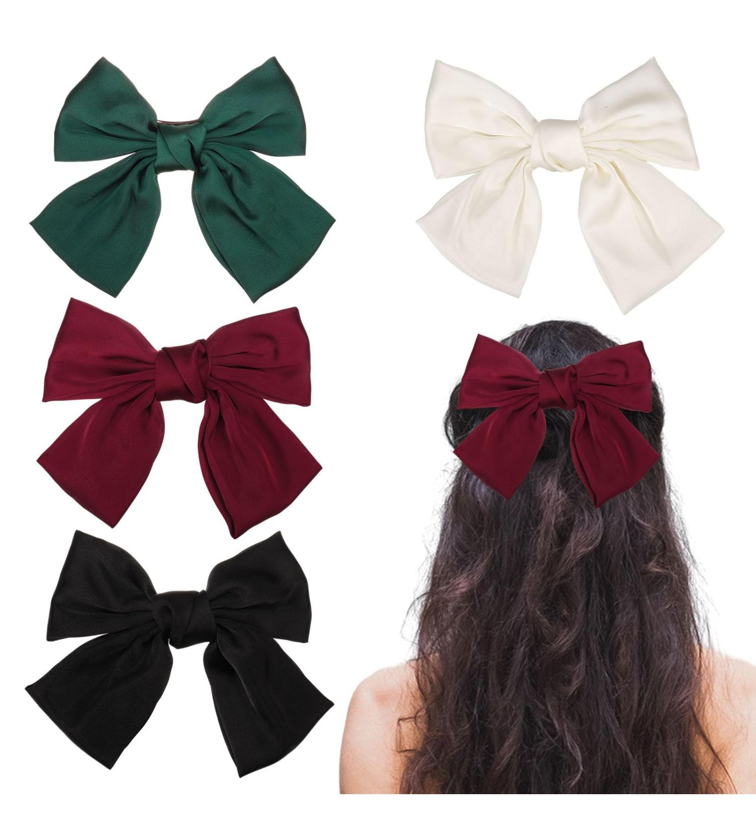 4 Pack Bows Hair Clip Soft Silky Satin Hair Bows Big Bowknot Hair Bows with Ribbon Solid Color French Hair Hairpin for Women Girls Red+Black+White+Green - Buy Online on GoSupps.com
