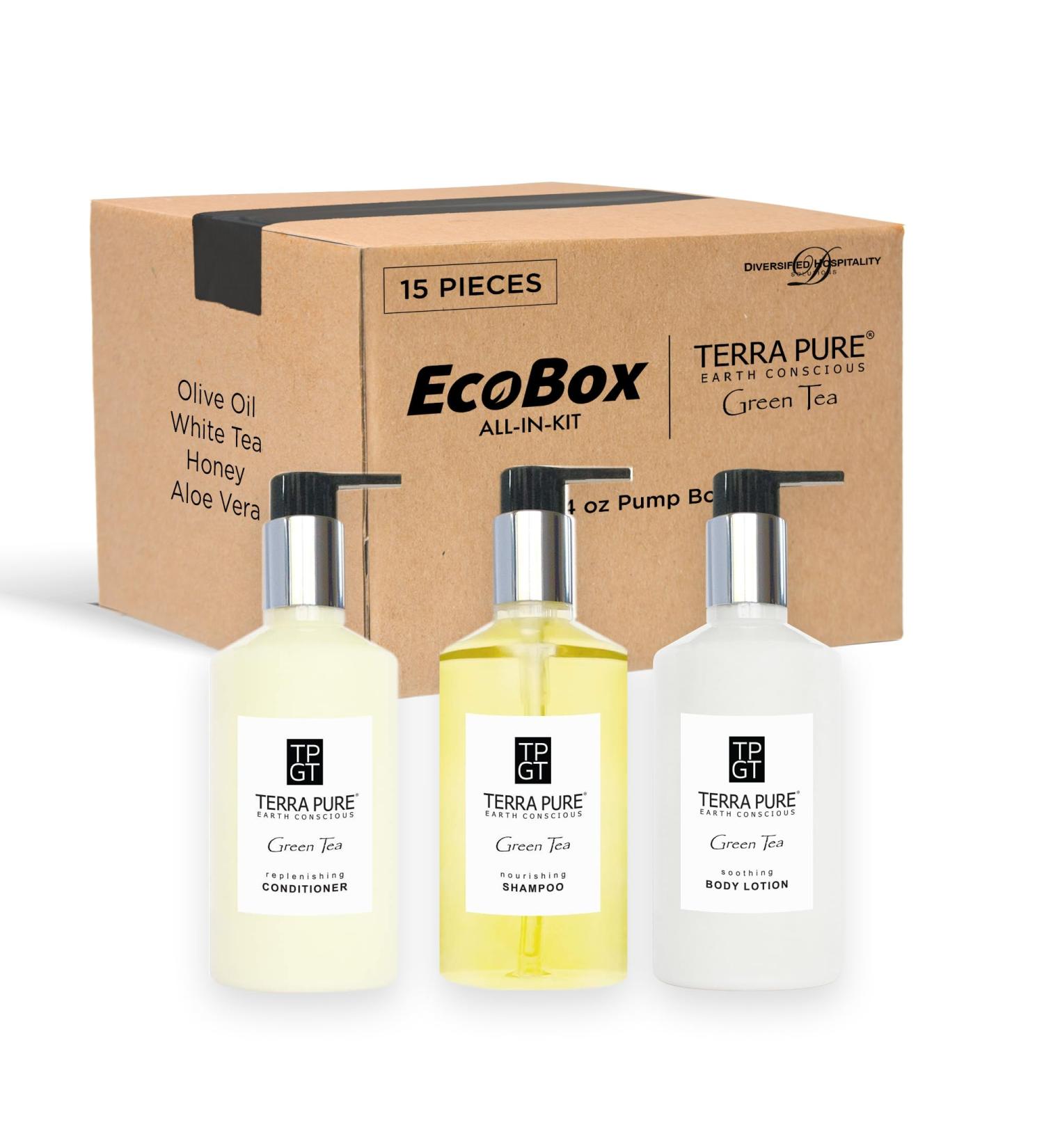 Buy Terra Pure 15-Piece Ecobox All-In-Kit | Green Tea Soap Shampoo & Conditioner Set | Bulk Hotel Toiletries & Personal Care Products - Buy Online on GoSupps.com