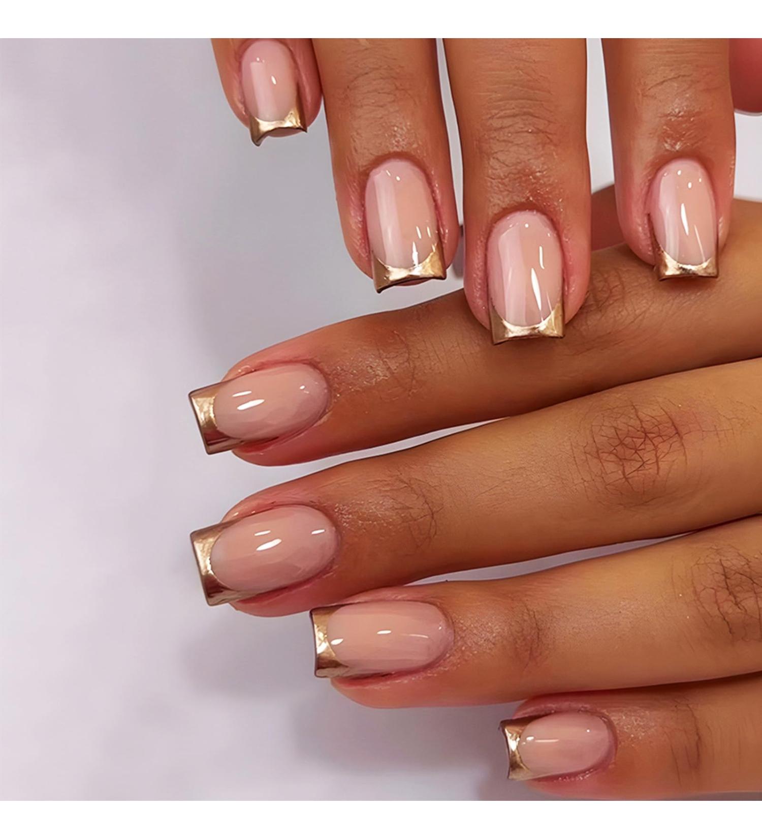 24Pcs French Tips Press on Nails - Glossy Gold French Manicure Acrylic Coffin Full Cover Stick on Nails for Women - Buy Online on GoSupps.com