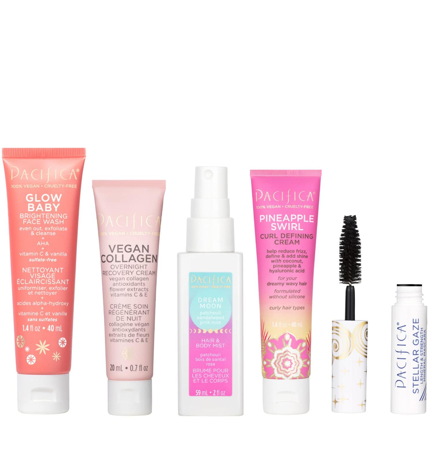 Pacifica Beauty Best Sellers Mini Beauty Set Skincare Makeup Fragrances Haircare Glow Baby Vegan Collagen Pineapple Curls Stellar Gaze Dream Moon Face Wash Mascara Body Mist (Set of 5)