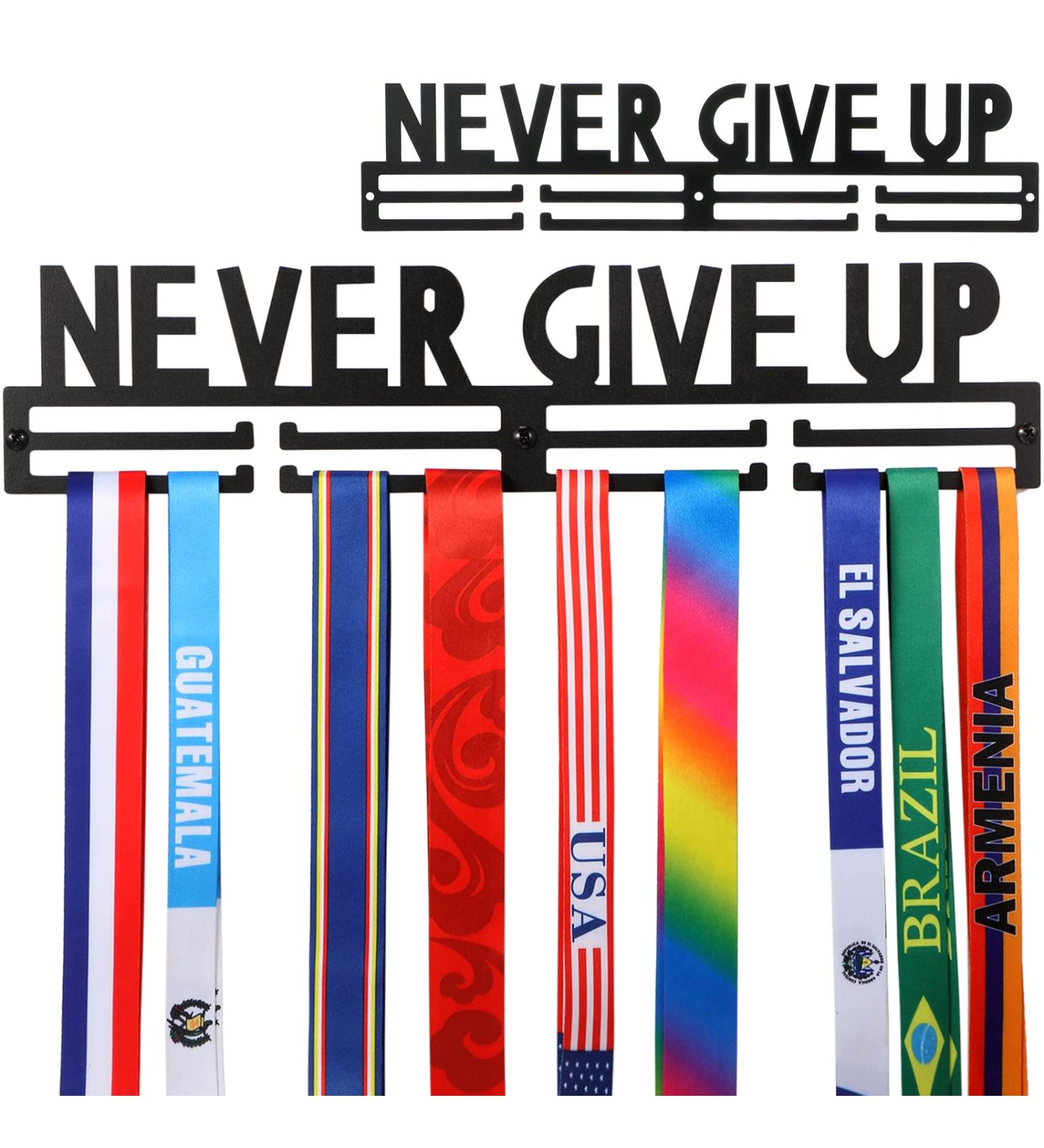 Yerliker Never Give Up Medal Holder - 16 Metal Hanger for Over 50 Medals - Easy to Install Sports Award Display for Runners, Gymnasts, Soccer Players - Wall Mount Ribbon Rack - Buy Online on GoSupps.com