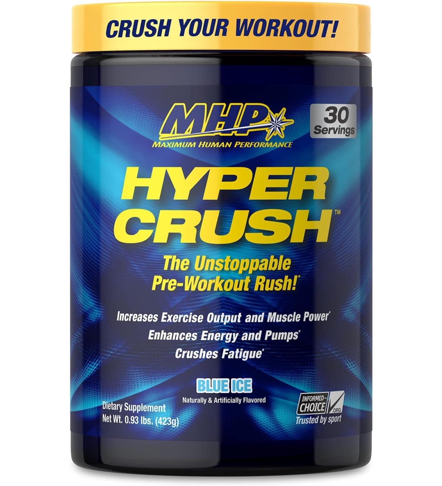Maximum Human Performance MHP HYPER CRUSH Pre Workout energy drink creatine beta alanine nitric oxide pump citrulline AKG 30 Servings Blue Ice 14.88 Ounce - Buy Online on GoSupps.com