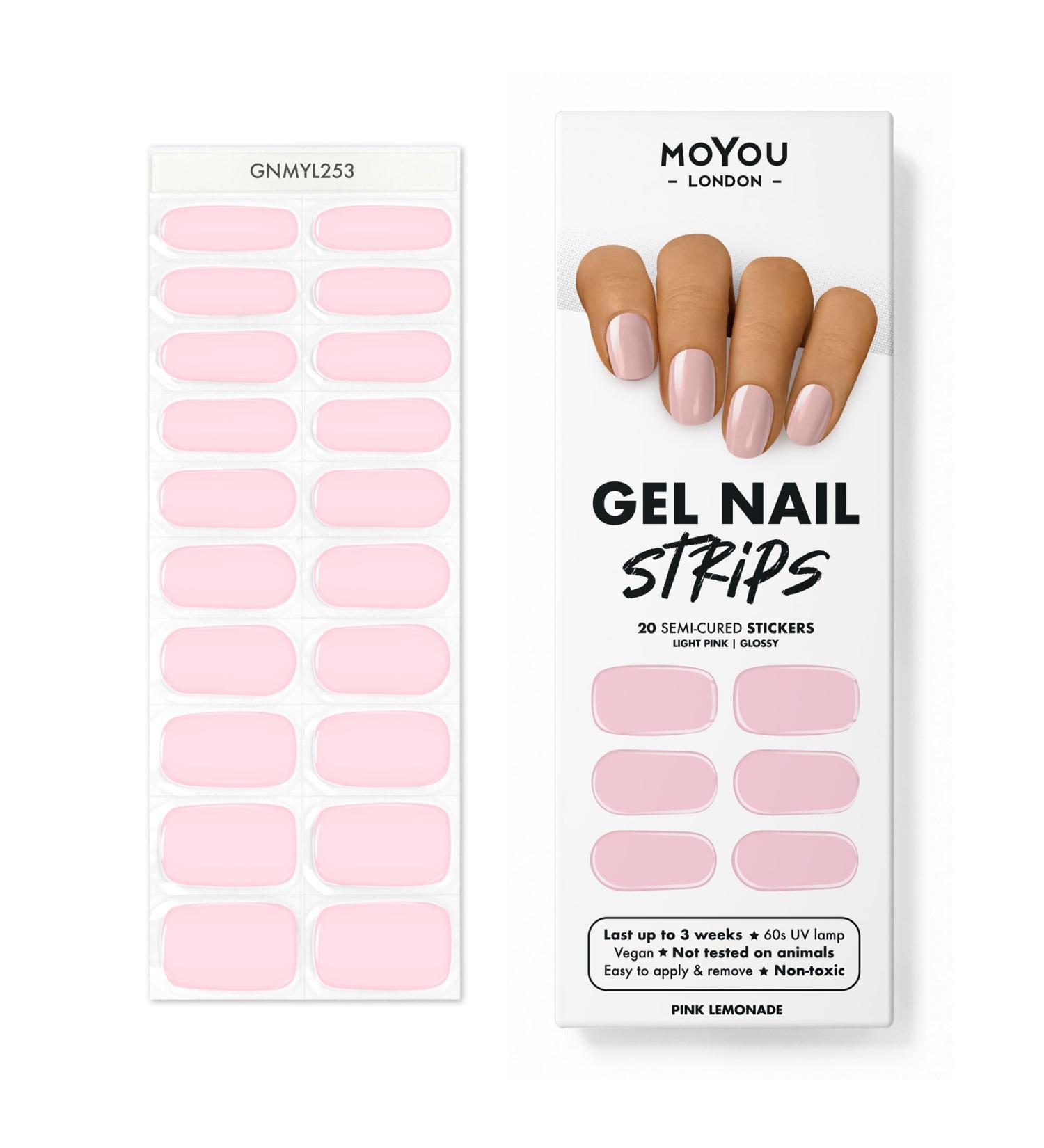 MOYOU LONDON Semi Cured Gel Nail Strips 20 Pc. Gel Wraps for Nails Get 1 Free UV Lamp when you Get 3 or More Easy Apply & Remove for Salon-Quality Manicure -Pink Lemonade