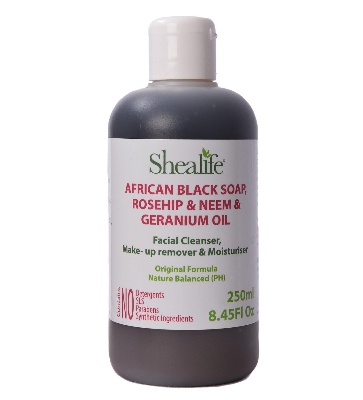 Organic African Black Soap Liquid Rosehip & Neem Geranium Oil Facial Cleanser & Face Spots Pimples Acne Facial Wash Contains No SLS Detergents & Parabens. 250ml - Buy Online on GoSupps.com