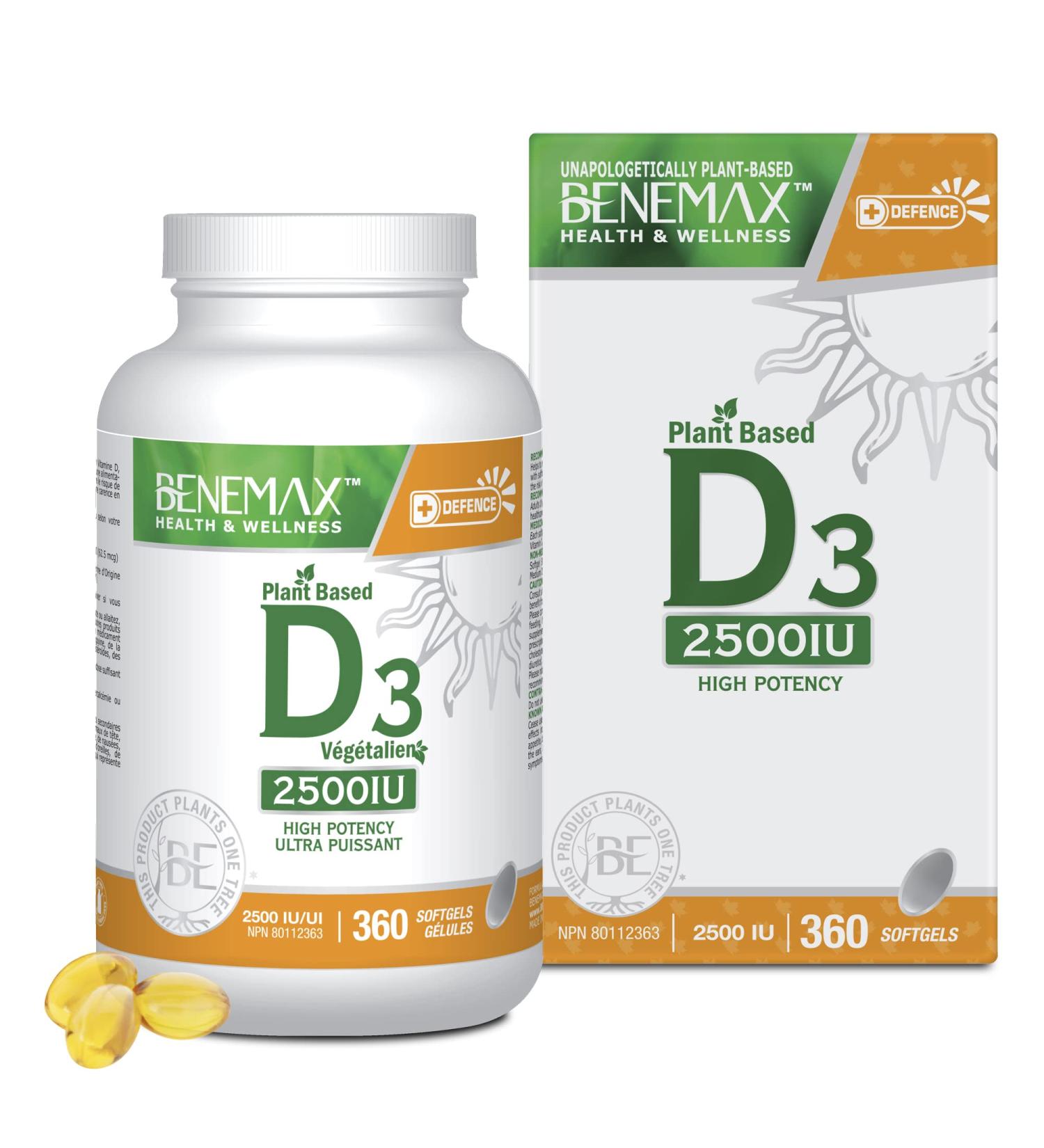 Benemax Vitamin D3 2500 IU For Healthy Bones Teeth and Helps Prevent Vitamin D Deficiency Plant Based & Vegan 360 Day Supply - Buy Online on GoSupps.com