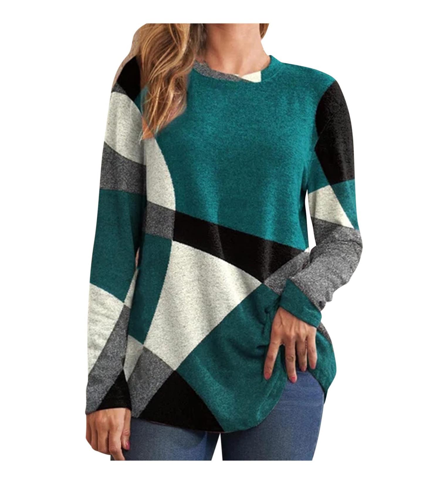 Iuhan Women's Geometric Color Block Crewneck Sweatshirt - Green - 3X-Large - Buy Online on GoSupps.com