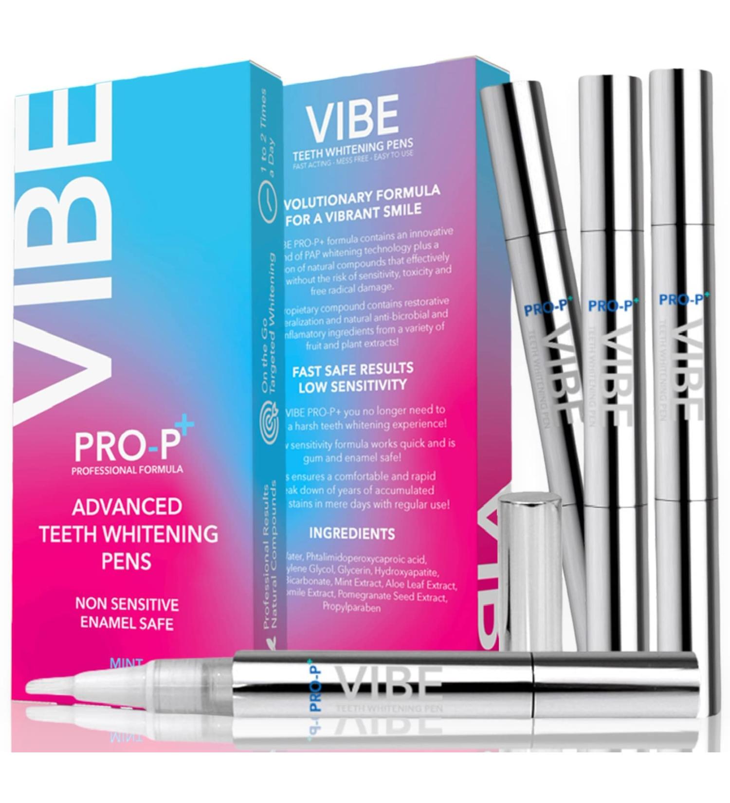 Vibe Teeth Whitening Pens 4 Pack - Peroxide-Free & Non-Toxic, Vegan, Fast Results - Travel-Sized Organic Mint Flavor - Painless Whitening Kit for Sensitive Teeth - Buy Online on GoSupps.com