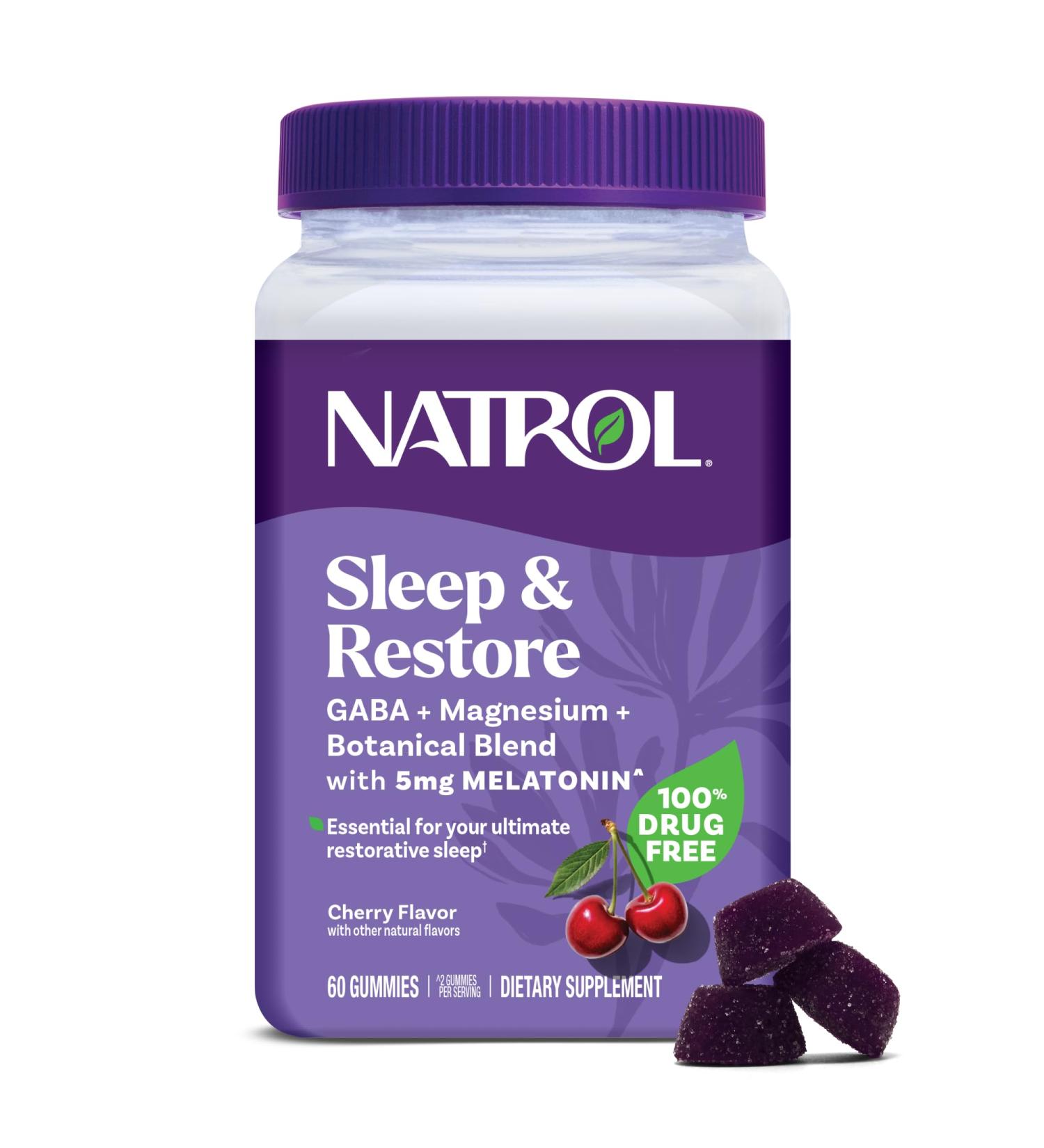 Natrol Sleep + Restore Magnesium Glycinate Blend Gummies with Melatonin 5mg - Calm Magnesium with GABA Botanical Blend Cherry Flavor 60 Gummies 60 Count (Pack of 1) - Buy Online on GoSupps.com