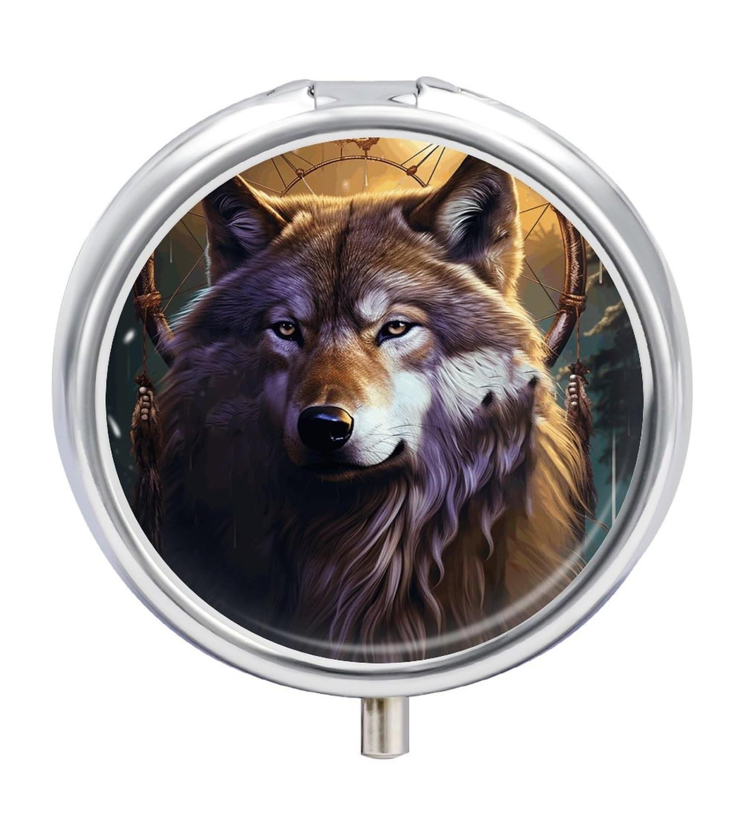 Round Pill Box with Wolves & Dream Catchers | 3 Compartment Decorative Metal Organizer - Portable Pocket Pill Case - Buy Online on GoSupps.com