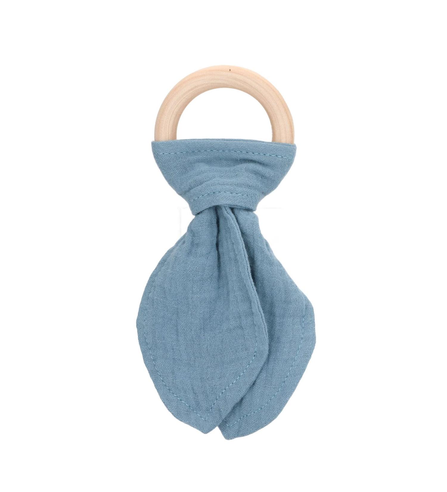 Wooden Teething Toy Ring with Colored Cotton Yarn - Blue & Black Teething Bracelet for Babies - Hand Grip Training - Buy Online on GoSupps.com