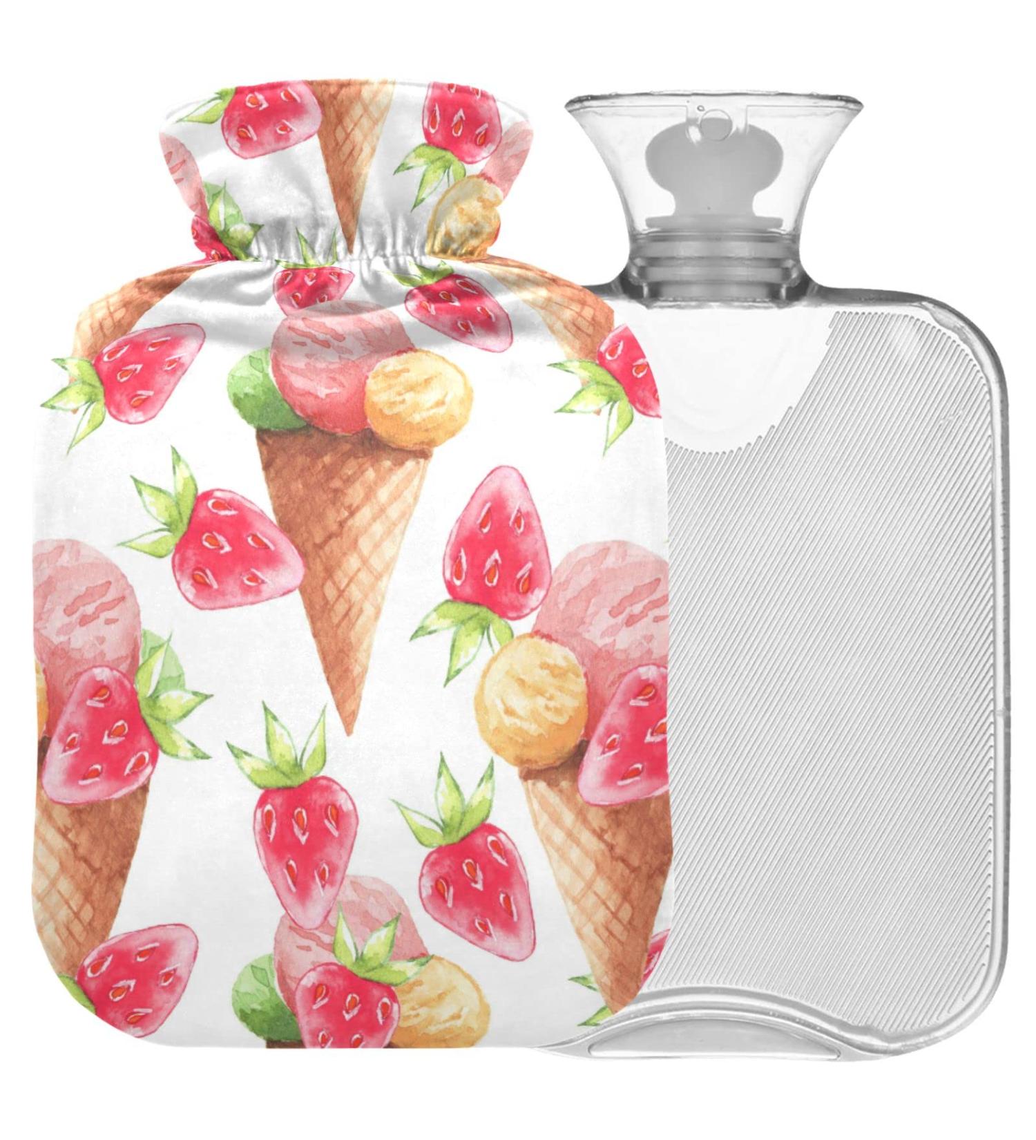 Naanle Watercolor Hot Water Bottle - 1L Transparent Strawberry Ice Cream Design for Pain Relief & Therapy | Ideal for Bed Hands & Feet - Buy Online on GoSupps.com
