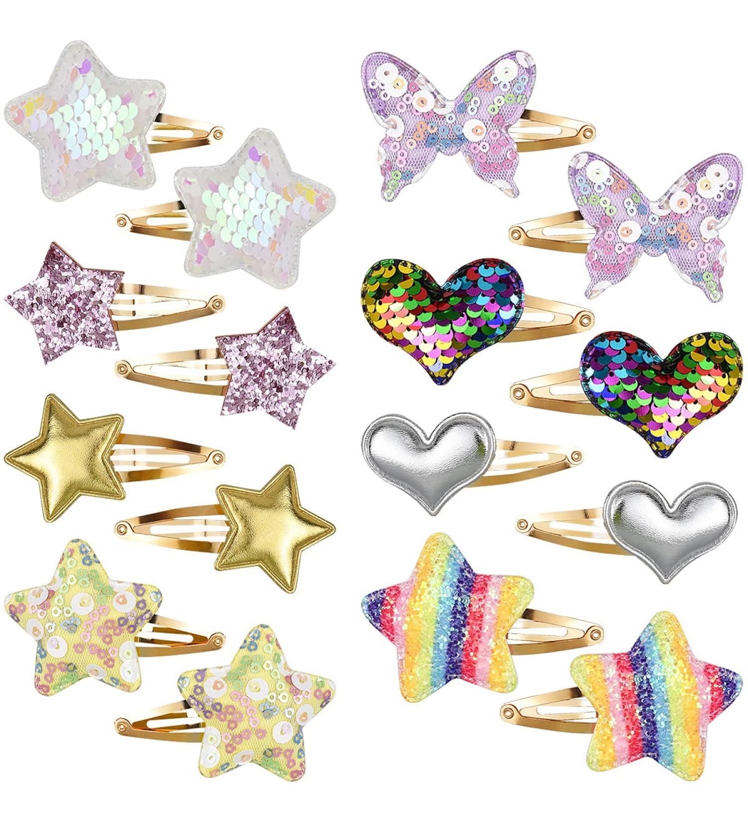 Jinlaili 16 Pack/8 Pairs Hair Clips Girls Metal Snap Barrettes Cartoon Girls Hairpins Cute Hair Clips Girl Hair Accessories Sparkly Star Shaped/Butterfly/Heart Hair Clips for Kids - Buy Online on GoSupps.com