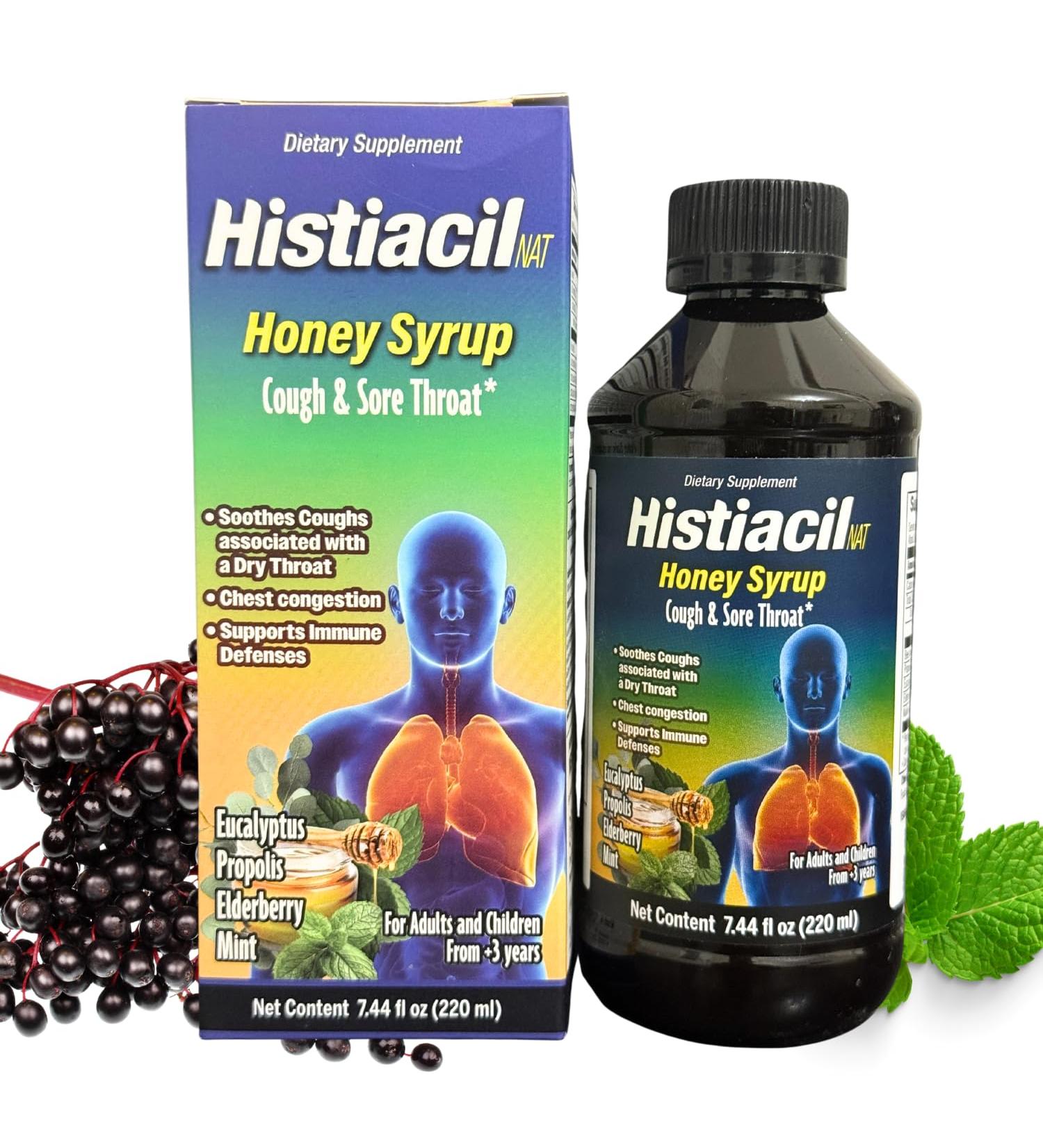 Histiacil NAT Honey Syrup Natural Cough & Sore Throat Relief with Honey Propolis Eucalyptus Elderberry & Mint Immune Support 7.44 fl oz for Adults & Kids Ages 4+ - Buy Online on GoSupps.com