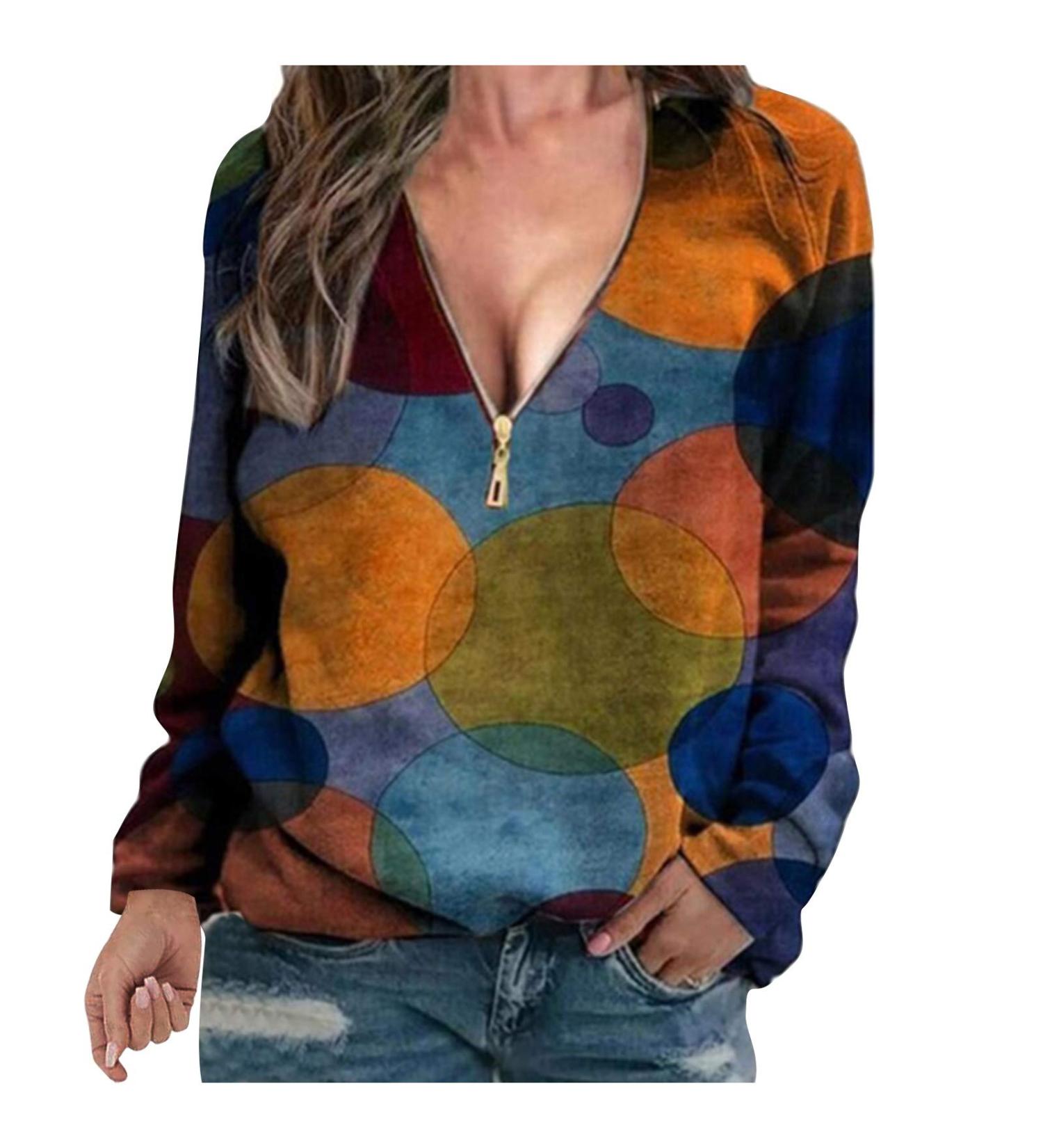 Geilisungren women zipper V-neck Color block print long arm casual t-shirt large sizes blouses tops loose sweater tops s yellow