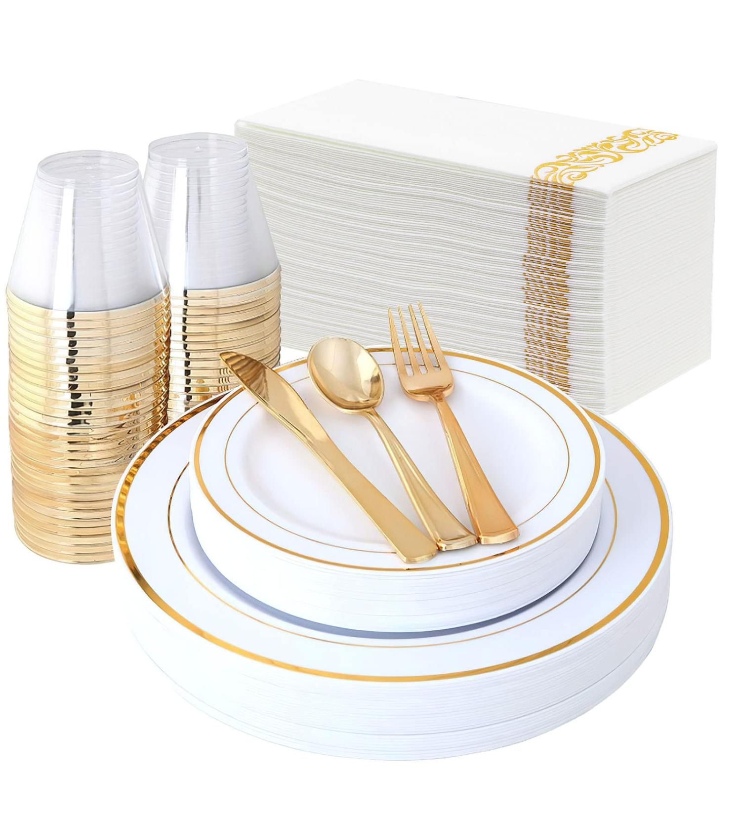 175Pcs Gold Plastic Dinnerware Set for 25 Guests Disposable Lace Plates for Party Includes: 25 Dinner Plates 25 Dessert Plates 25 Gold Silverware Set 25 Cups 25 Napkins - Buy Online on GoSupps.com