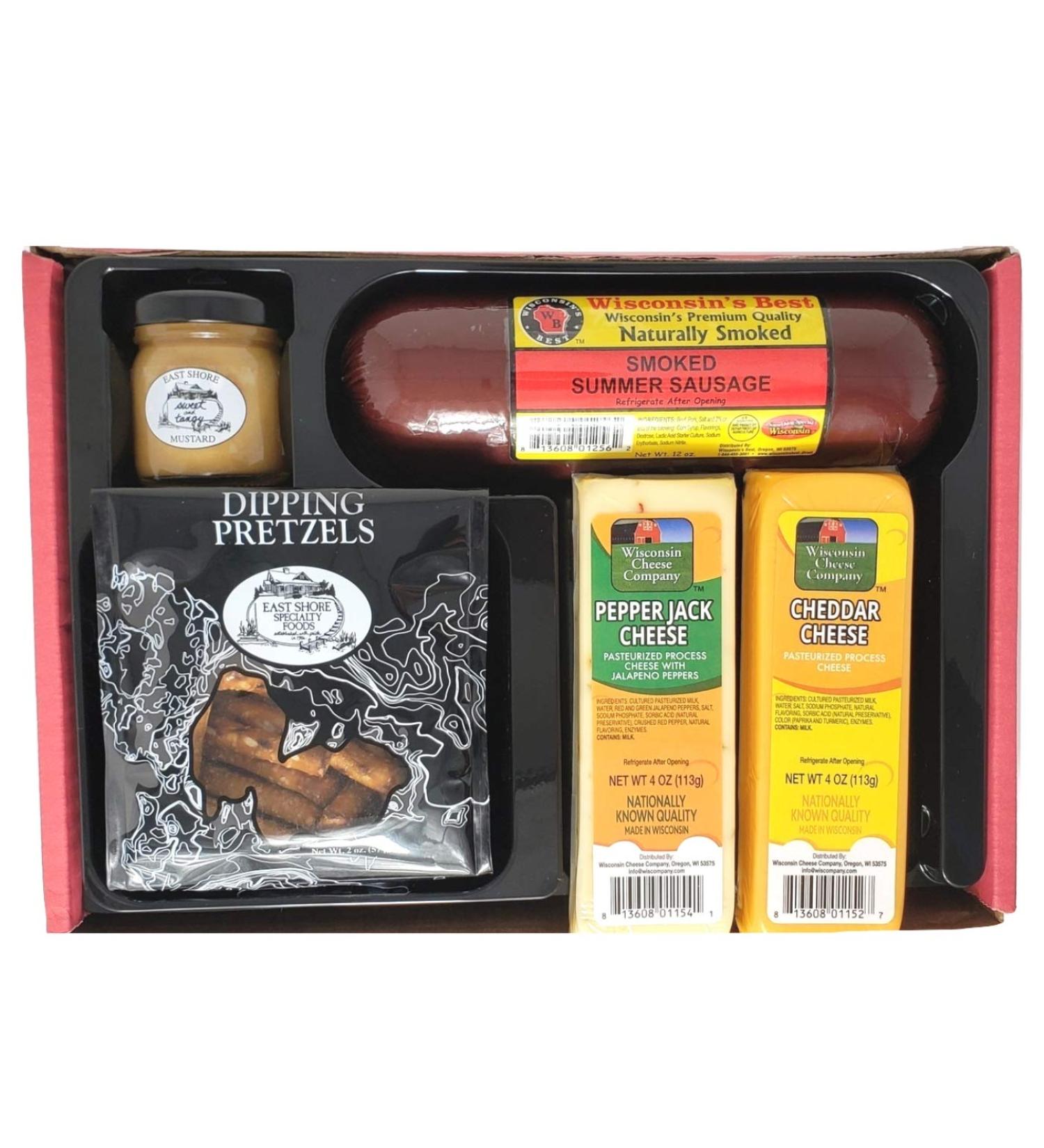 Wisconsin's Best Classic Man Snack Gift Basket - Summer Sausage, Cheddar, Pepper Jack Cheese, Pretzels & Mustard - Buy Online on GoSupps.com