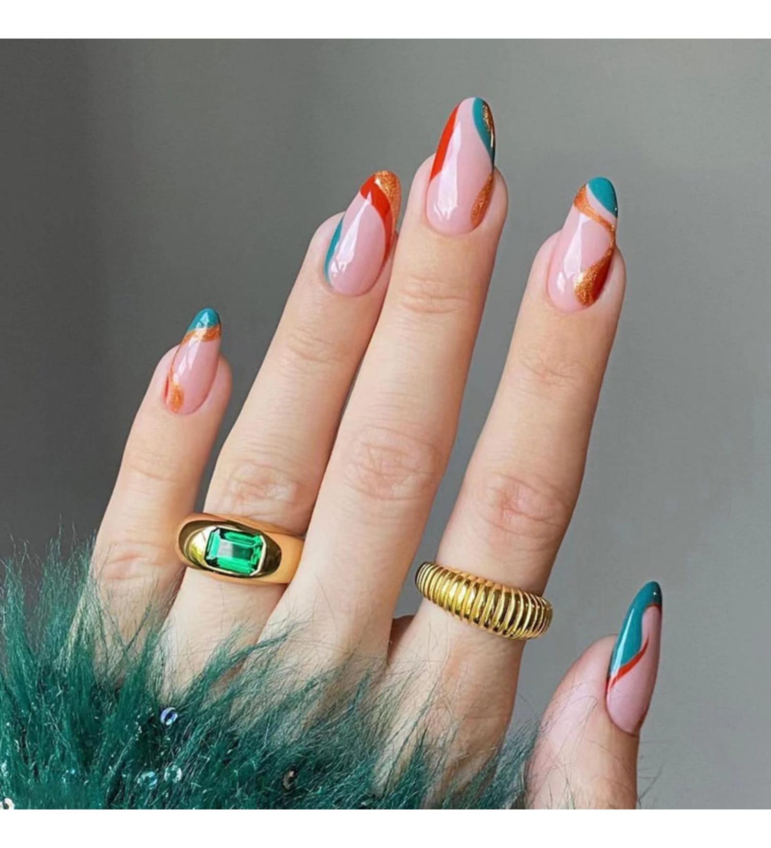 Justotry 24 Pcs Swirl Short Stiletto False Nails with Glue - Pastel Press on Nails for Women - Almond Stick on Nails - Medium Sized Coloured and Swirl Design - Buy Online on GoSupps.com