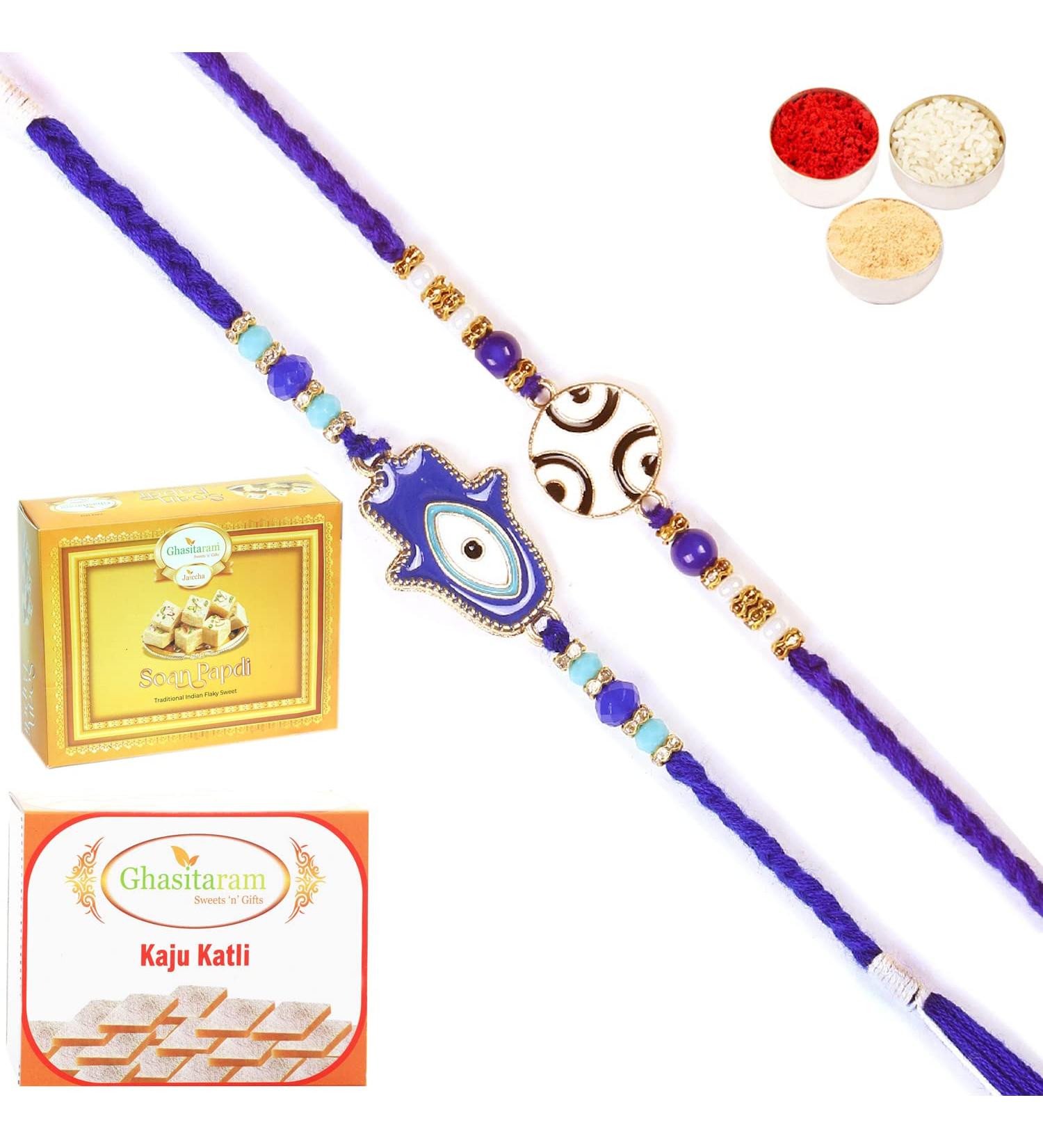 Ghasitaram Gifts Rakhi for Brother Rakhis Online - Set of 2 8928 8931 Fancy Evil Eye Rakhis with 200 GMS of Kaju katli and 200 GMS of Soan Papdi - Buy Online on GoSupps.com