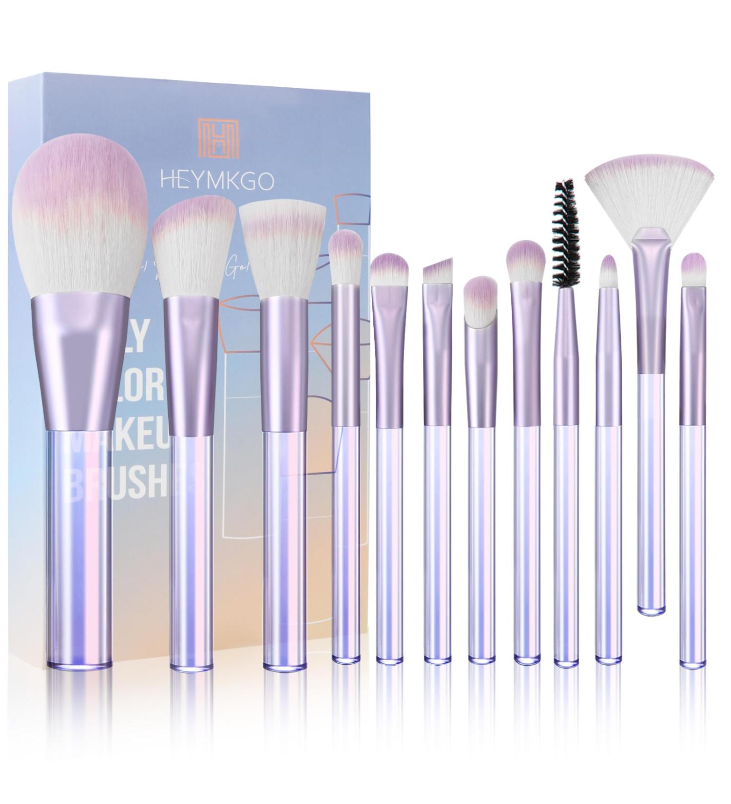 HEYMKGO 12pcs Professional Makeup Brushes Set with Transparent Handles - Ideal for Foundation, Blending, and Eyeshadow - Purple Triangle Puff Included - Buy Online on GoSupps.com