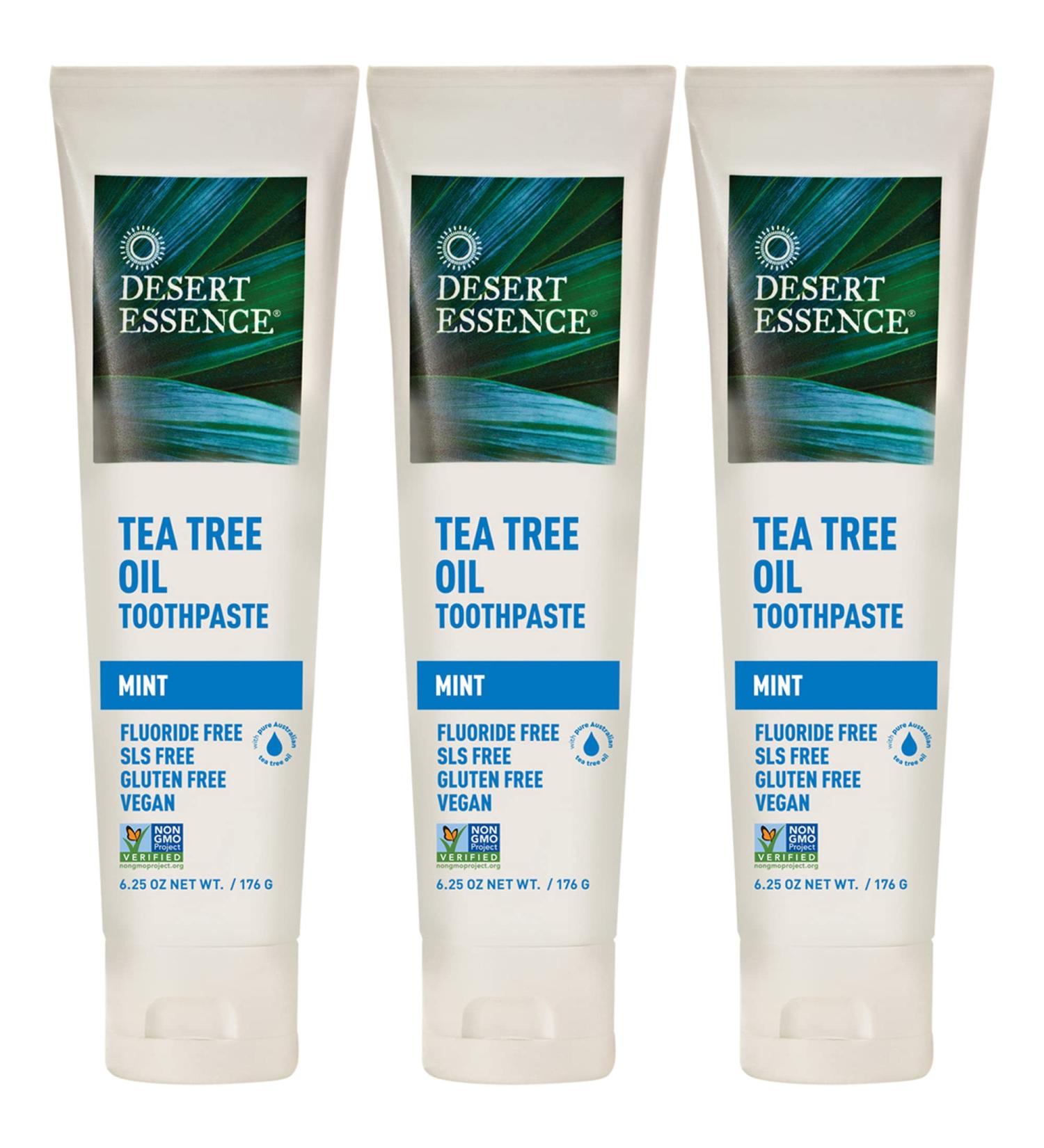 Desert Essence Tea Tree Oil & Mint Toothpaste Peppermint 6.25 oz (Pack of 3) - Fluoride Free, Gluten Free, Vegan, Non-GMO with Baking Soda for Healthy Teeth & Gums, Fresh Breath - Buy Online on GoSupps.com