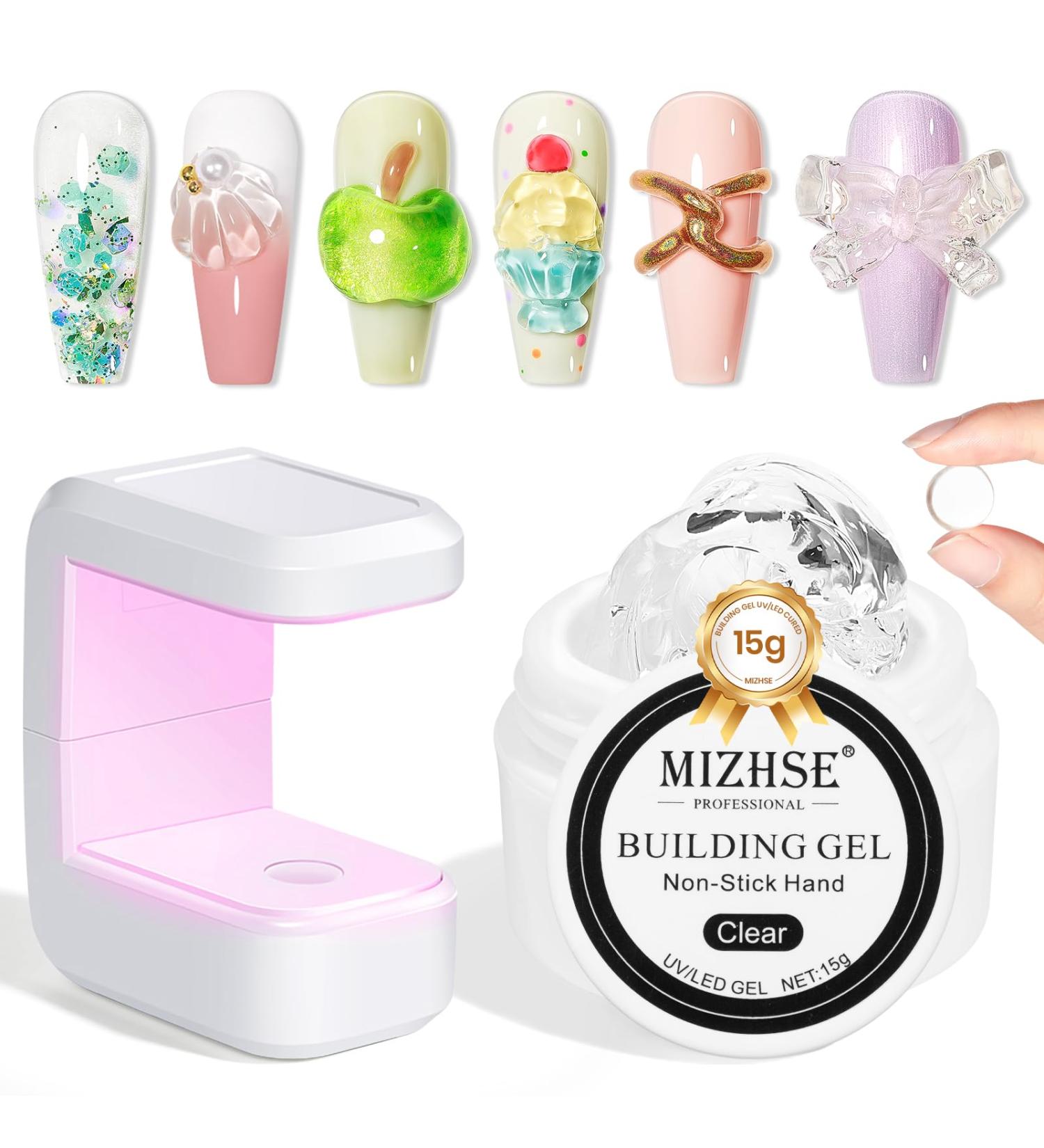 MIZHSE Solid Sculpture Builder Gel for Nails Clear Non-Stick Hand Nail Extension Gel Nails Starter Kit with Mini Nail Lamp - 10W U V/LED Nail Dryer U V Light for Nails for 3D Nail Gel Nail Polish Kit transparent - Buy Online on GoSupps.com