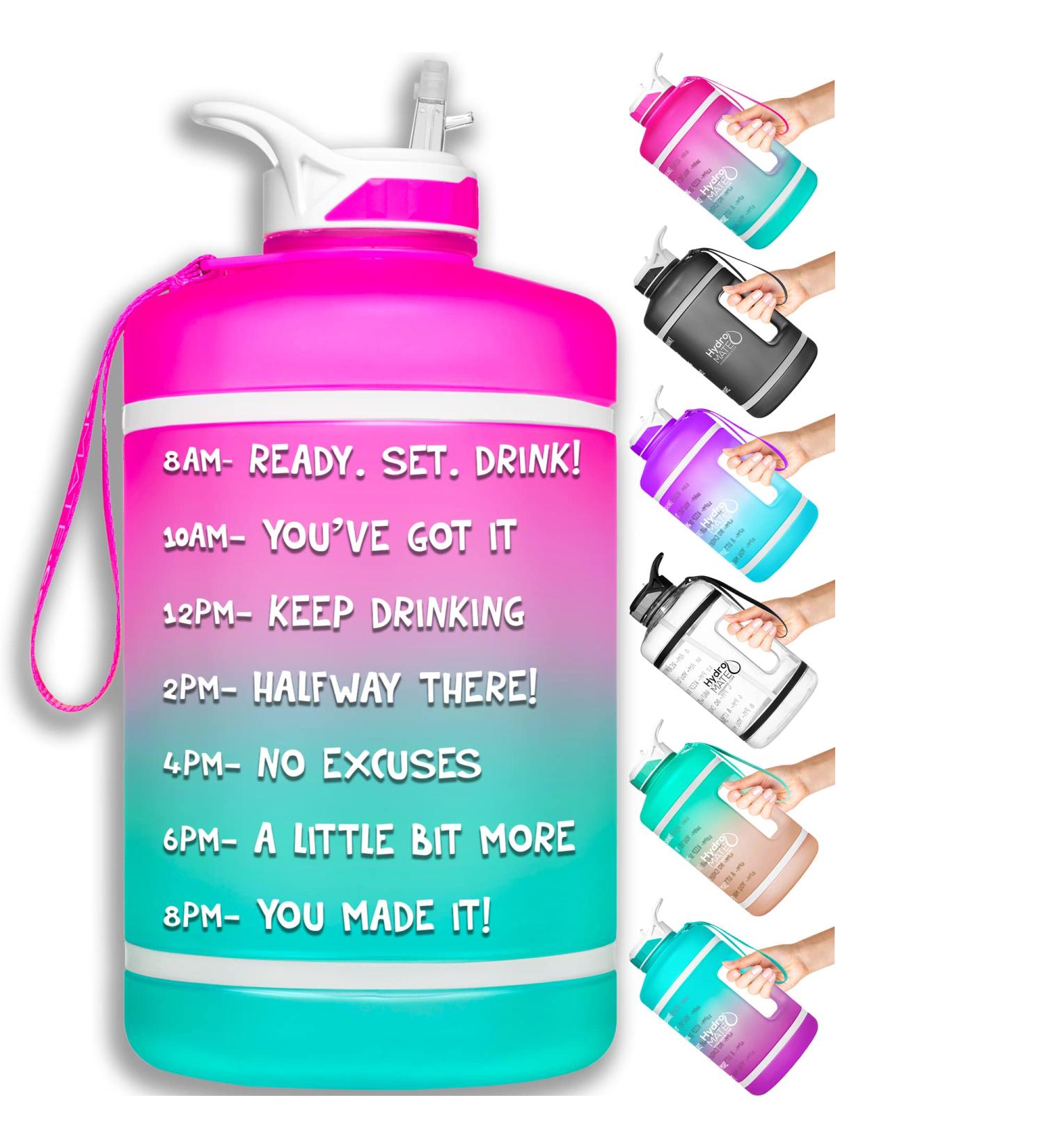 HydroMATE 128oz Gallon Water Bottle with Straw | BPA Free, Leak Proof, Reusable | Pink Ombre Design with Hourly Drink Markings - Buy Online on GoSupps.com