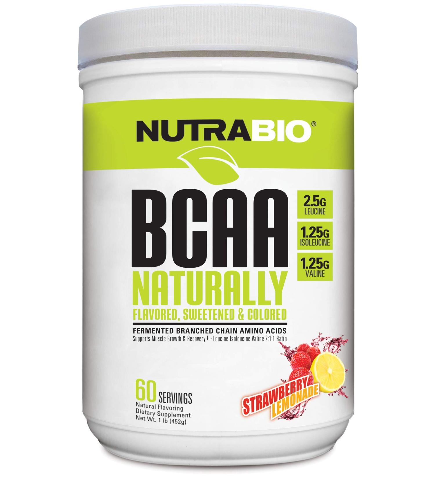 NutraBio BCAA 5000 Powder - Fermented Branched Chain Amino Acids for Muscle Growth & Recovery - Natural Flavors  Sweeteners  and Coloring  Vegan  Gluten Free - Strawberry Lemonade  60 Servings Strawberry Lemonade 1 Pound (â¦ - Buy Online on GoSupps.com