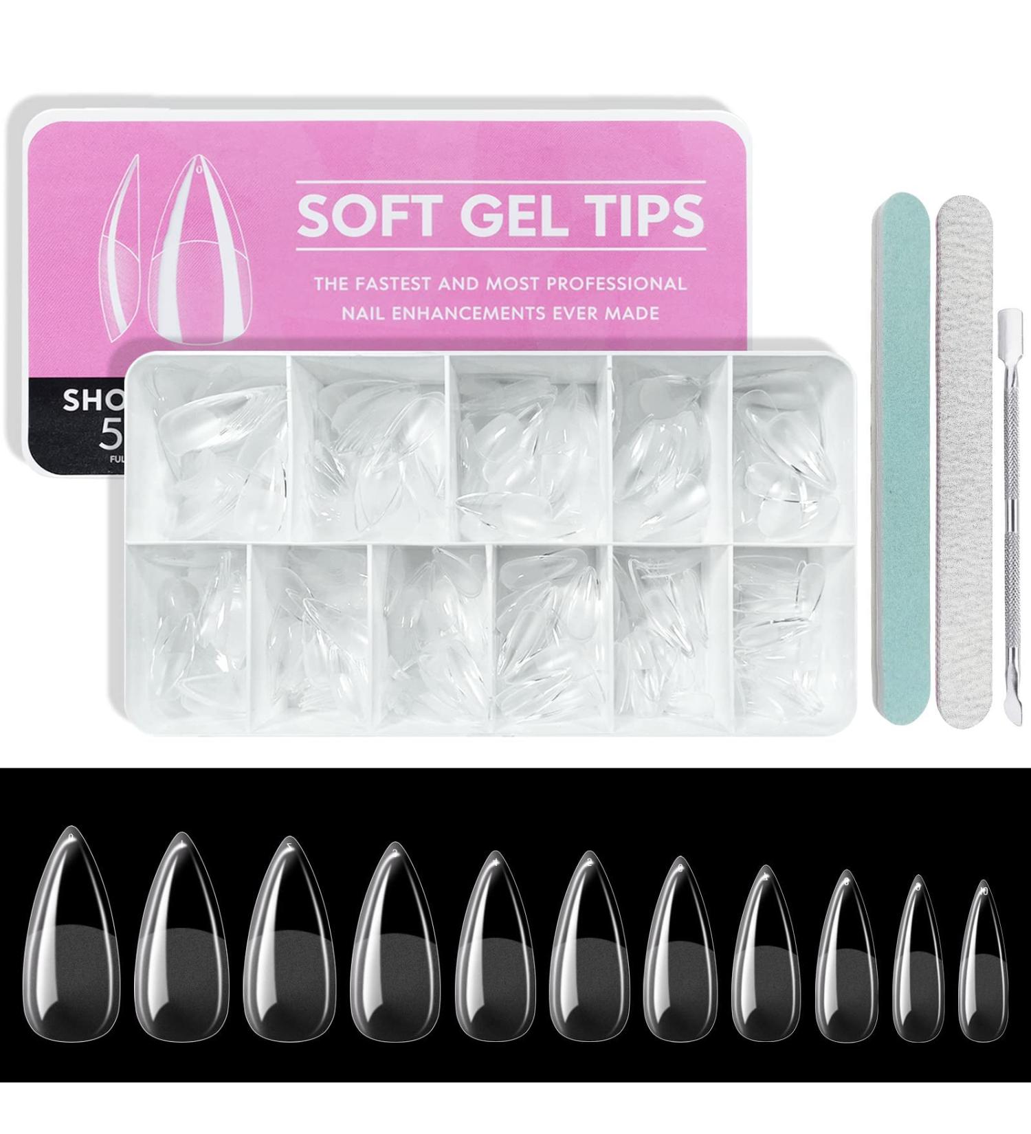 Freeorr 550 Pcs Soft Gel Full Cover Nail Tips Set with 2 Nail Files and Cuticle Pusher - Clear Acrylic Full Cover Fake Nails Kit in Box - Short Stiletto Press On Nails for Soak Off Extensions - Buy Online on GoSupps.com