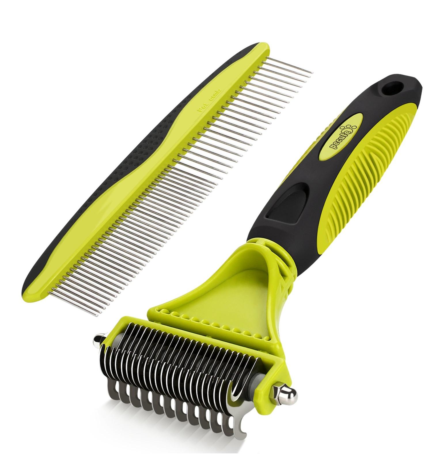 Pecute Double Sided Dog Brush and Comb Set for Grooming | Removes Loose Undercoat Knots and Mats | Dog Grooming Tools | Green - Buy Online on GoSupps.com