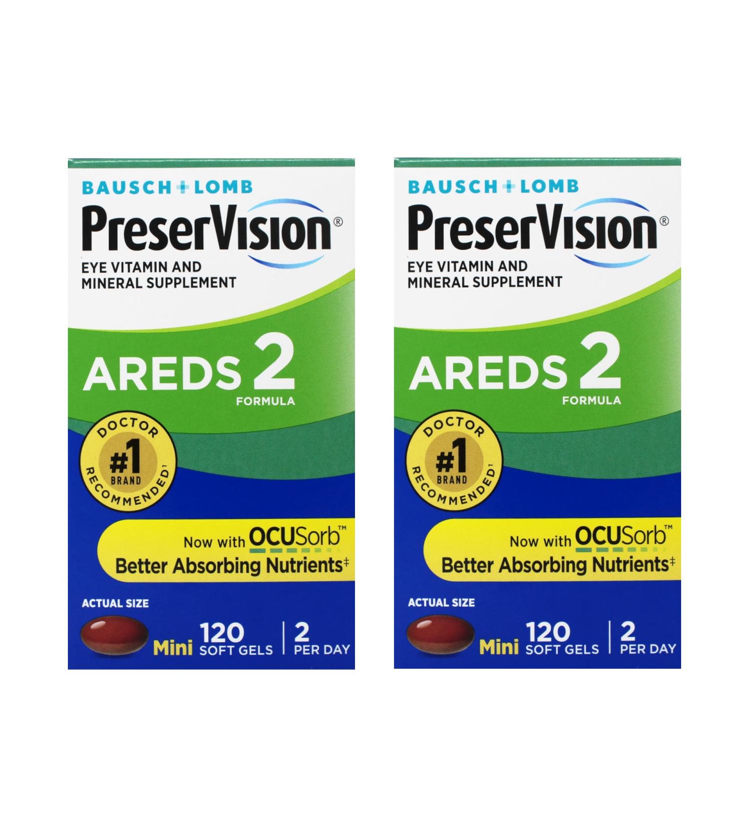 Bausch + Lomb PreserVision AREDS 2 Eye Vitamin & Mineral Supplement with OCUSorb with Lutein & Zeaxanthin from 120 Soft Gels (MiniGels) (Pack of 2) - Buy Online on GoSupps.com