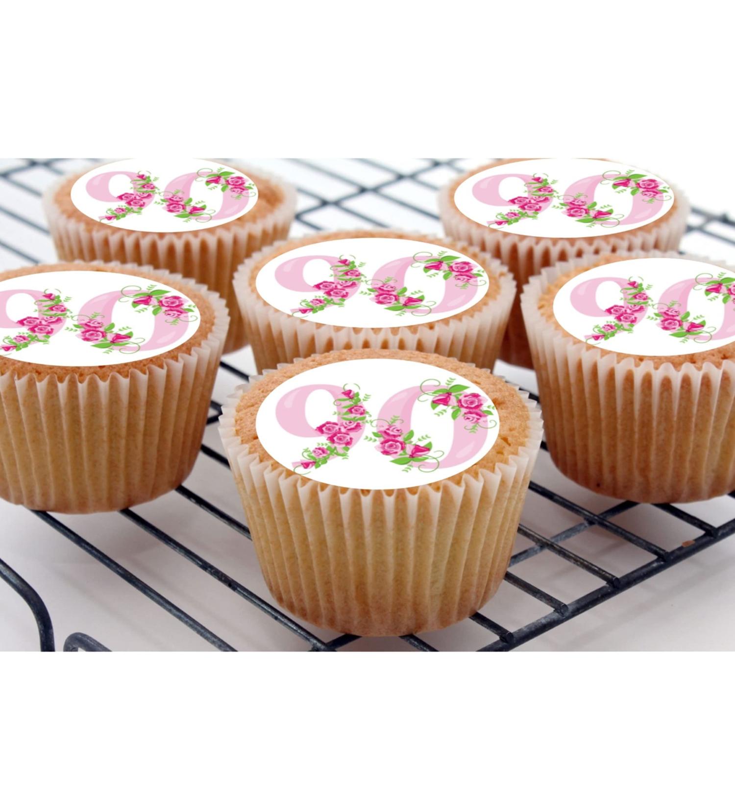 24 90th Birthday Pink roses Toppers Iced/Icing Cupcake Topper Edible Fairy Cake Bun Frosting Round - Buy Online on GoSupps.com