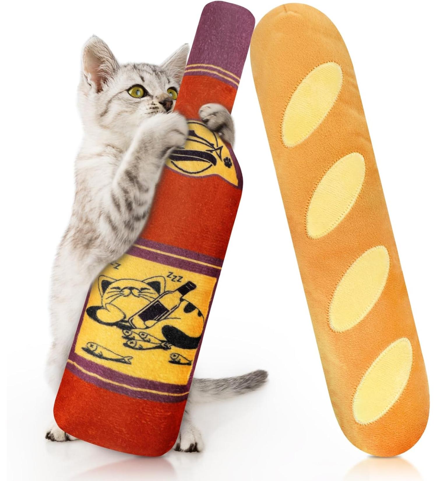 CiyvoLyeen Catnip Toy Bundle for Cat Lovers - Pack of 2 | Interactive Bread & Wine Bottle Cat Kicker Toys | Large Cat Chew Teething & Plush Catmint Stuff Toy for Indoor Kittens - Buy Online on GoSupps.com