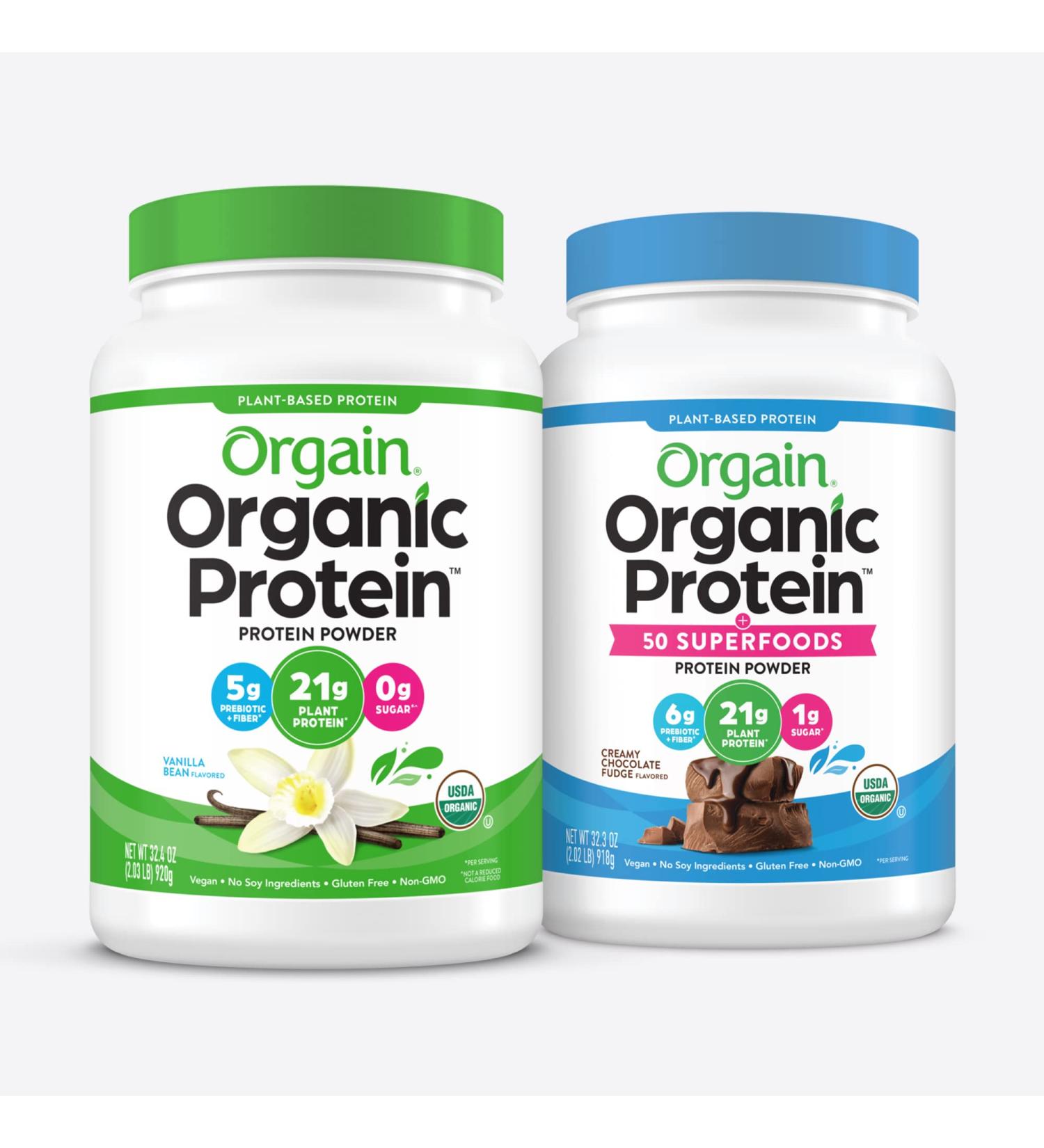 Orgain Organic Protein + Superfoods Powder Creamy Chocolate Fudge (2.02 Lb) and Orgain Organic Vegan Protein Powder Vanilla Bean (2.03 Lb) - Buy Online on GoSupps.com