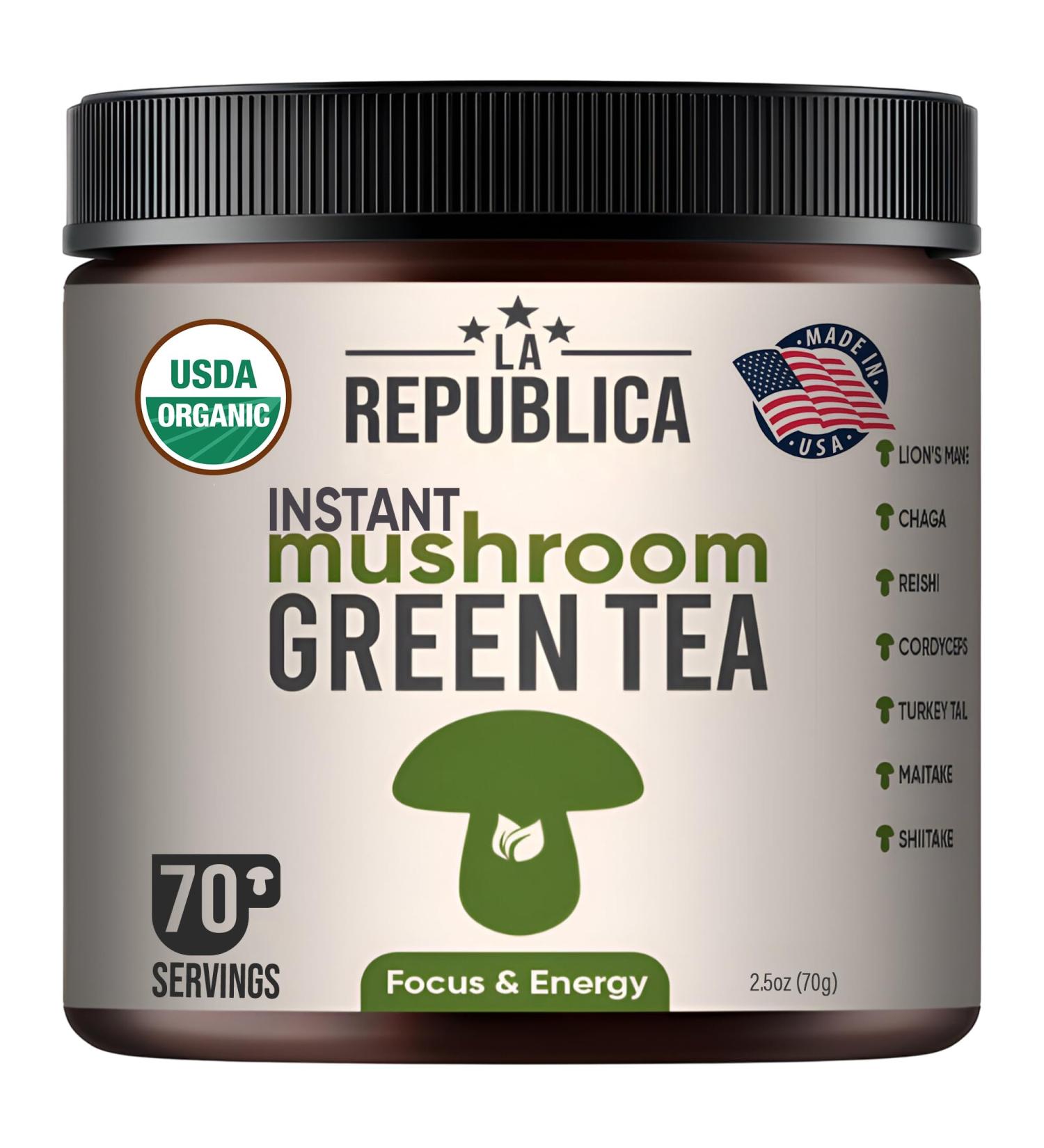 La Republica Instant Green Tea with Reishi Chaga Lion's Mane Cordyceps Turkey Tail Maitake for Focus (70 Servings) - Buy Online on GoSupps.com