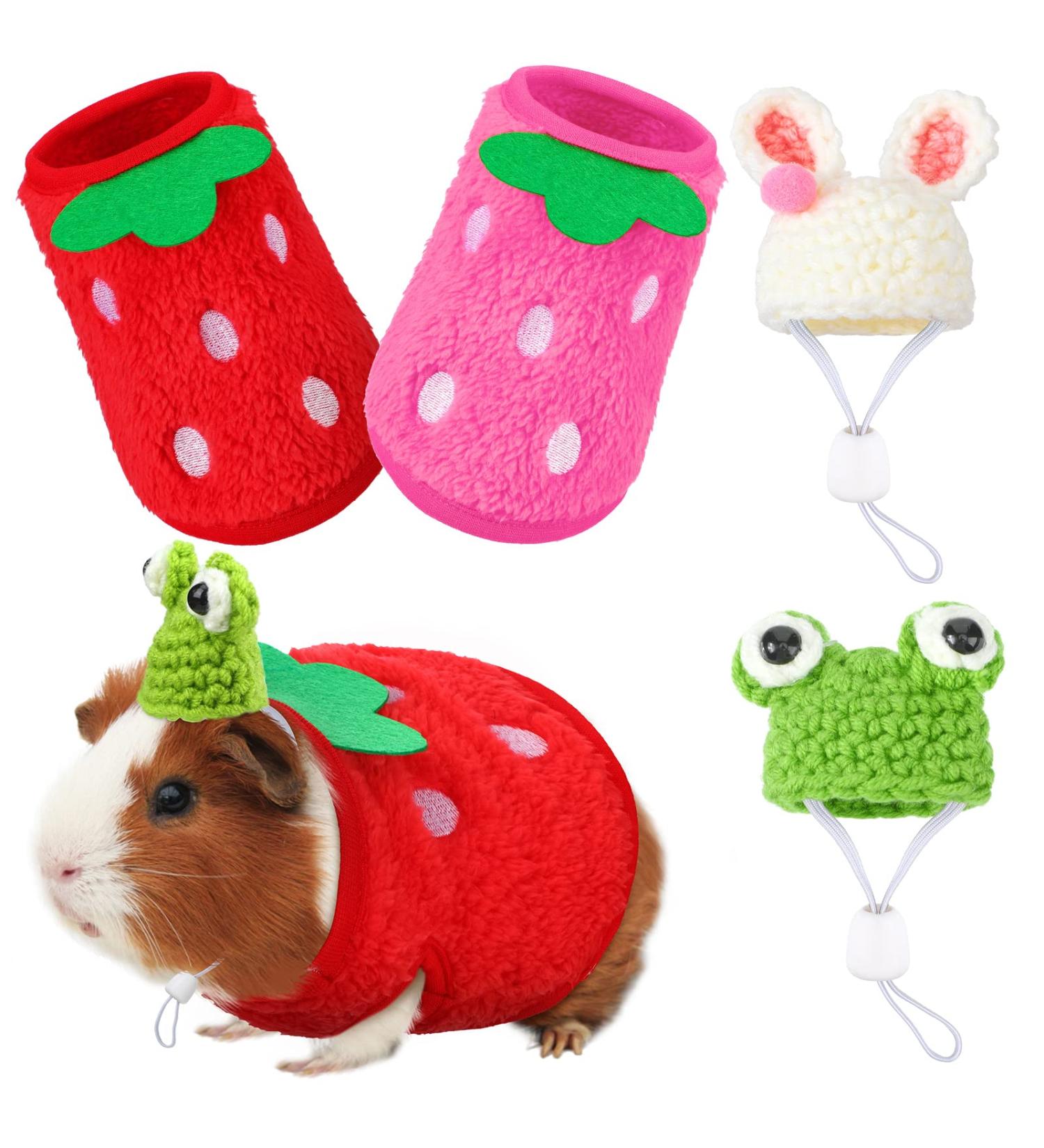 4-Piece Guinea Pig Outfit Set: 2 Clothes & 2 Mini Hats with Adjustable Strap - Frog Style Guinea Pig, Hamster, Bunny Warm Vest & Hand-Knitted Hat Bundle - Buy Online on GoSupps.com