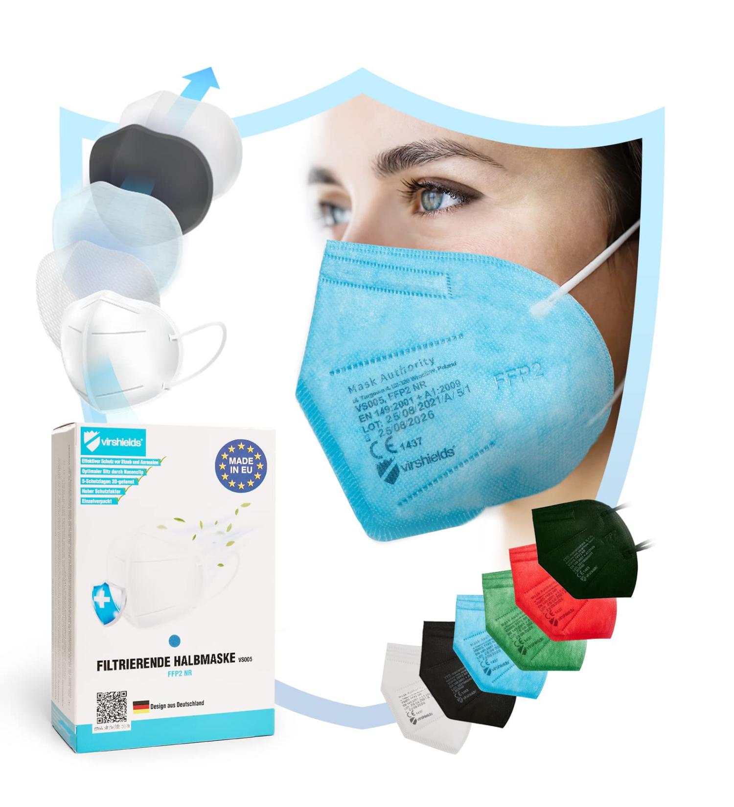 Virshields FFP2 Mundschutzmaske - PFE 94% VFE 99.99% 5-lagig Made in EU Atemschutzmaske in Blau - 20 St ck Packung Schutzmaske f r internationalen Versand - Buy Online on GoSupps.com