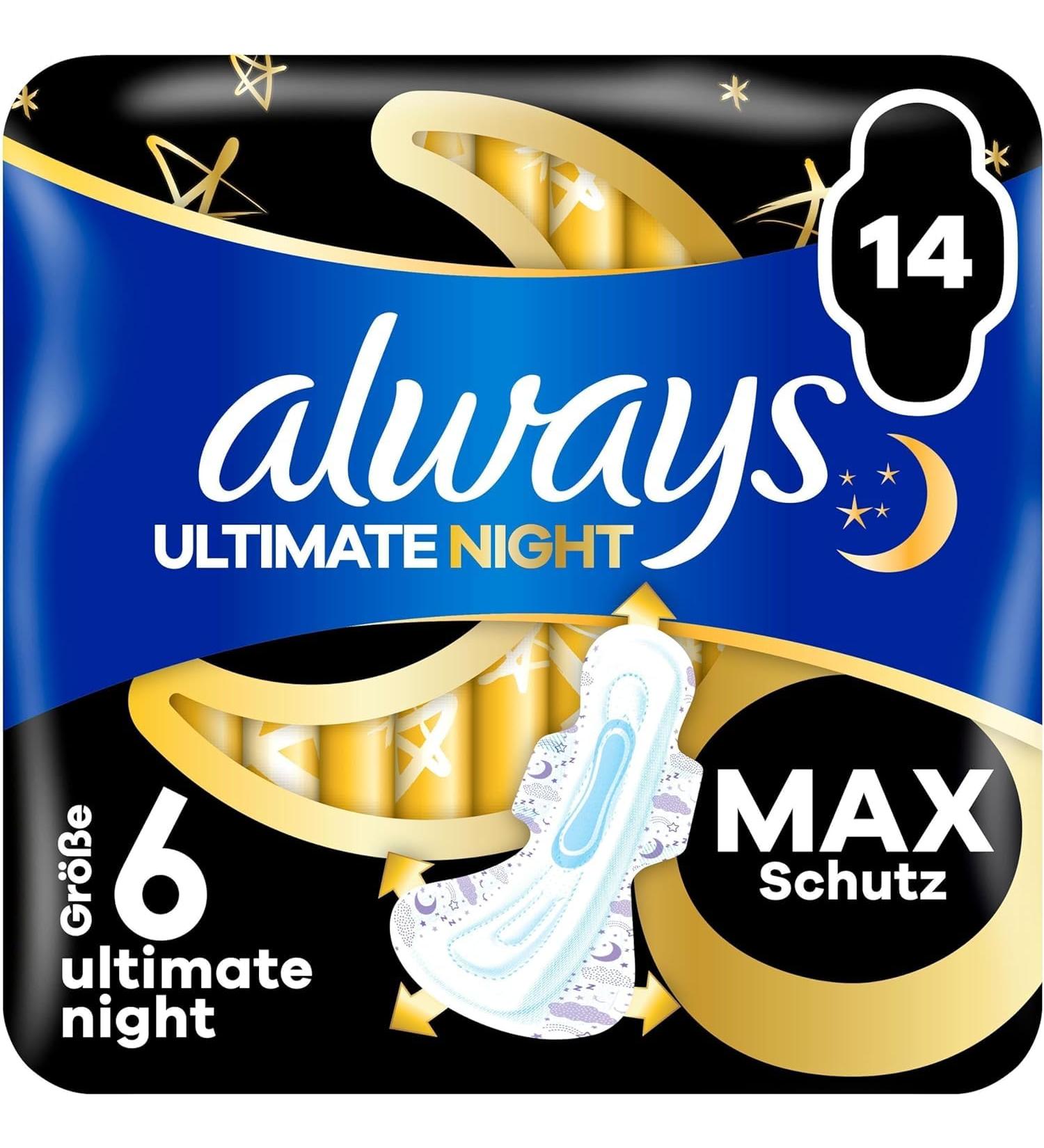 Always Sanitary Napkins Ultimate Night (Size 6) - 14 Wings for Maximum Comfort & Protection | International Shipping Available - Buy Online on GoSupps.com