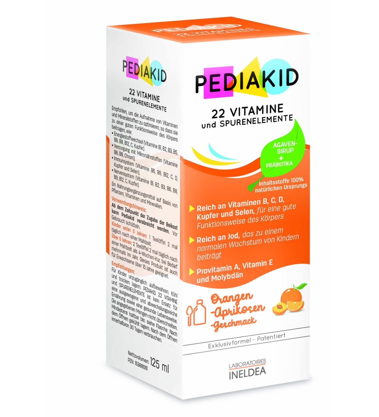 PEDIAKID - Natural Pediakid Food Supplement with 22 Vitamins and Trace Elements - Exclusive Agave Syrup Formula - Optimises Vitamins and Minerals - Apricot Orange Flavor - 125 ml Lacon - Buy Online on GoSupps.com