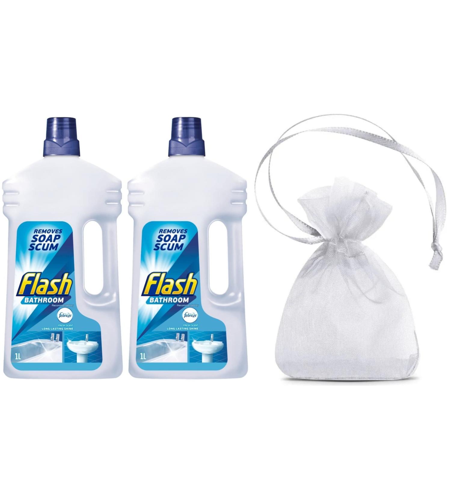 Flash Bathroom All Purpose Cleaner Removes Soap Scum Long Lasting Shine with Febreze Freshness Fresh Scent 2Pk 2 x 1L + Our Gift for You: Organza Bag Size 9x7x0.1cm - Buy Online on GoSupps.com