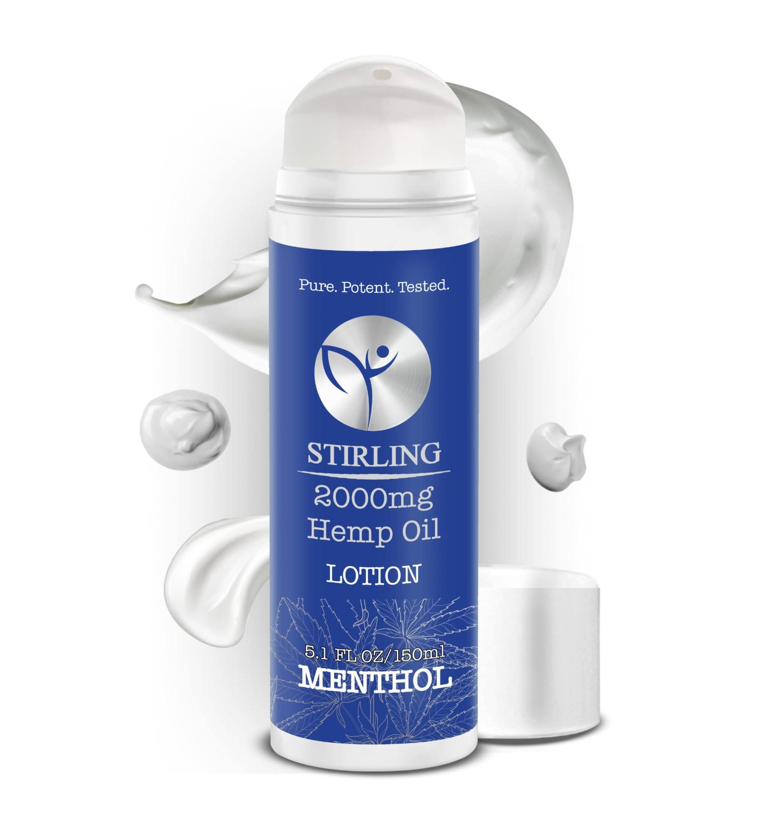 STIRLING Menthol Lotion 5 Fl oz - Cooling Menthol & Hemp Oil, 2000mg - Maximum Strength Pain Relief for Joints - Instant Results with Aloe Vera - Buy Online on GoSupps.com