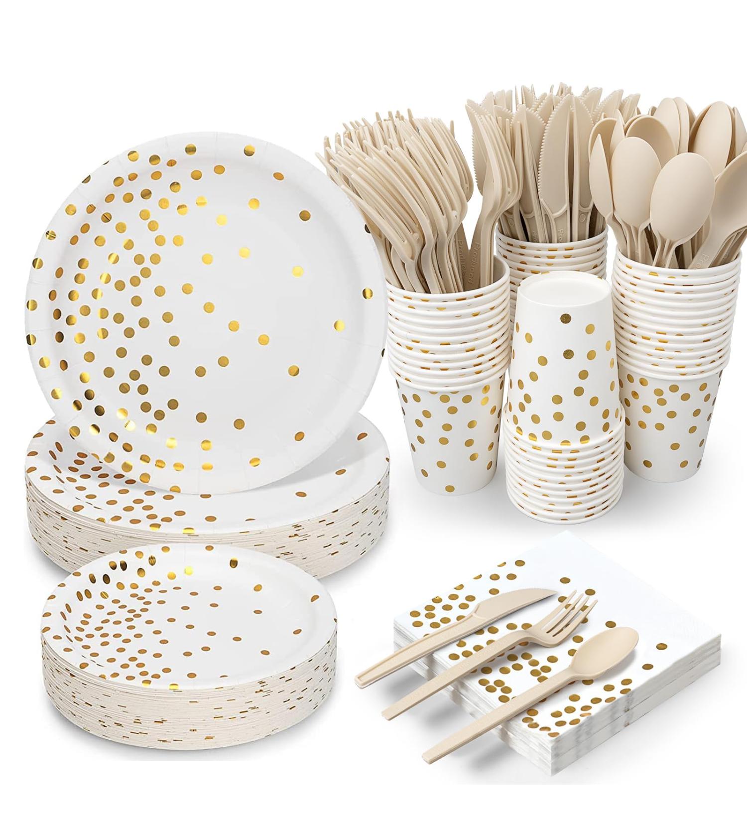 350PCS White and Gold Party Supplies Severs 50 Disposable Party Dinnerware Natural Biodegradable Forks Knives Spoons and Golden Dot Paper Plates White Napkins Cups for Baby Shower Birthday Wedding - Buy Online on GoSupps.com