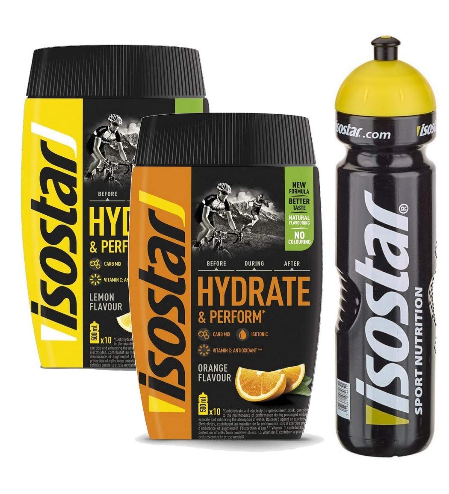 ISOSTAR Hydrate & Perform ISO Drink 400g - Isotonic Electrolyte Powder for Sports Performance - Orange & Lemon - 2x400g + 1L Bottle - International Shipping Available - Buy Online on GoSupps.com