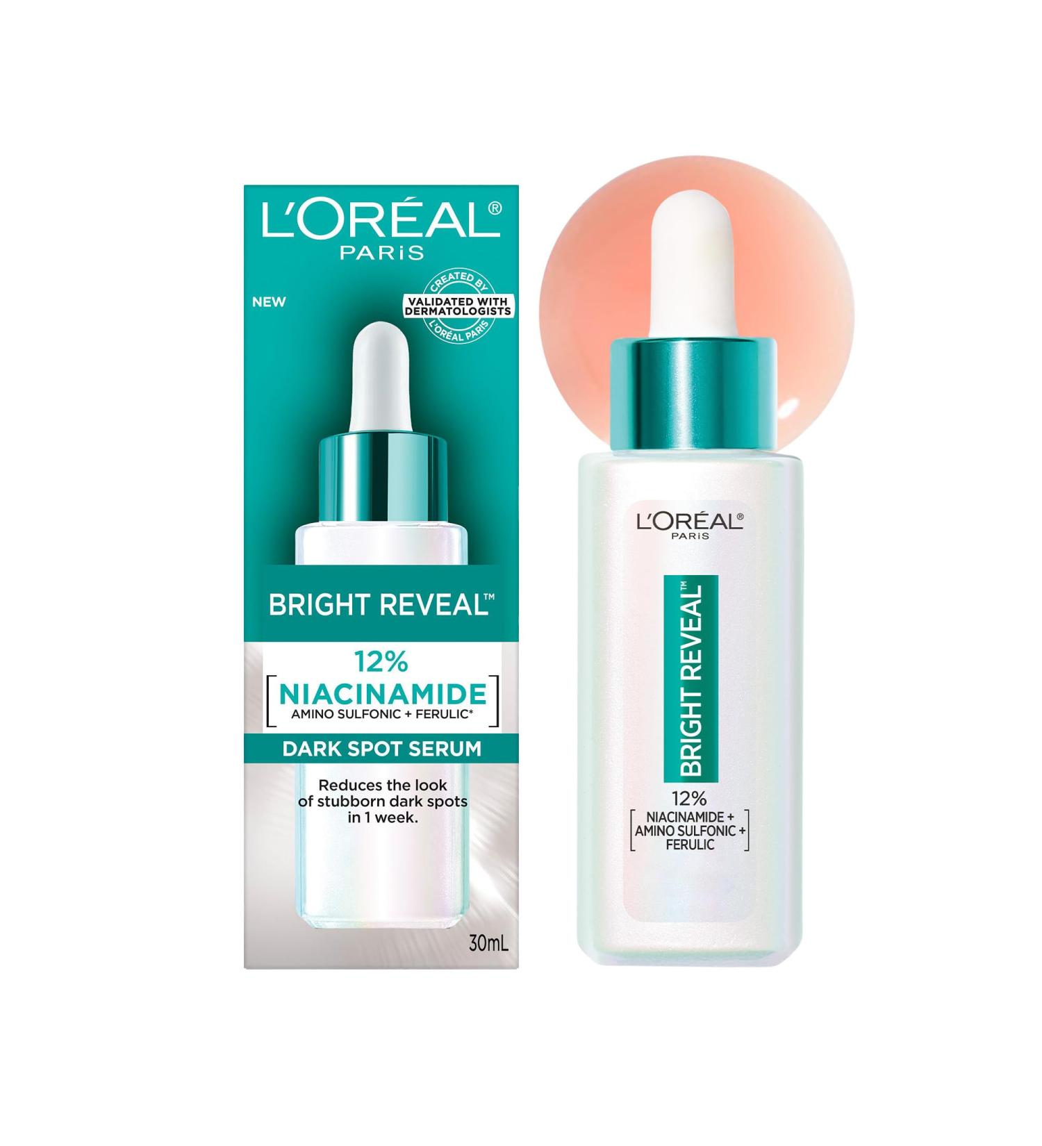 L'Or al Paris Bright Reveal Dark Spot Face Serum with 12% Niacinamide + Ferulic + Amino Sulfonic Acids Reduces the Look of Stubborn Dark Spots For All Skin Tones Skincare 30mL - Buy Online on GoSupps.com