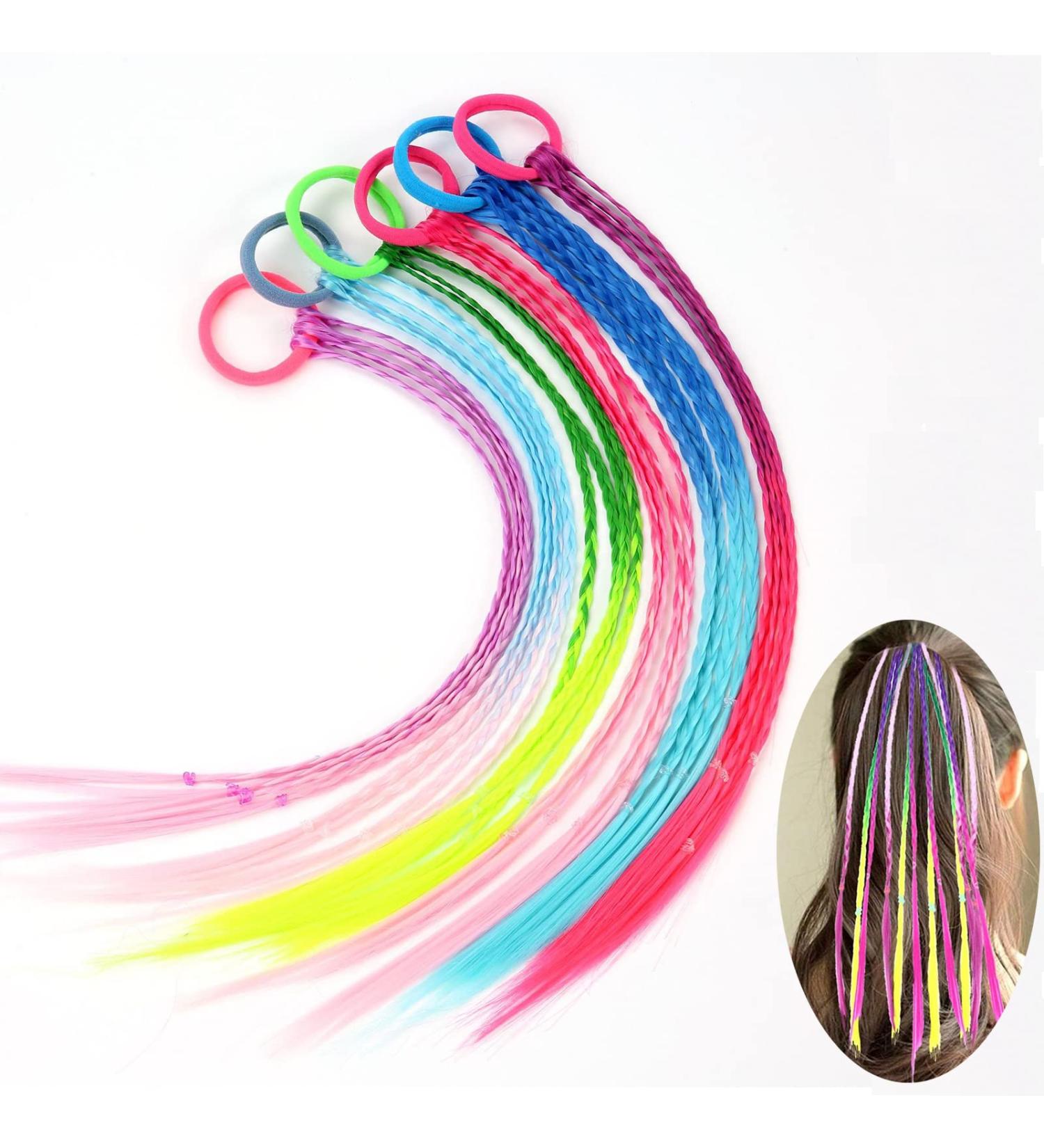 Colorful Hair Extensions - Braided Neon Hairpieces for Kids | Pack of 6 Synthetic Colored Braids with Elastic Bands - Buy Online on GoSupps.com