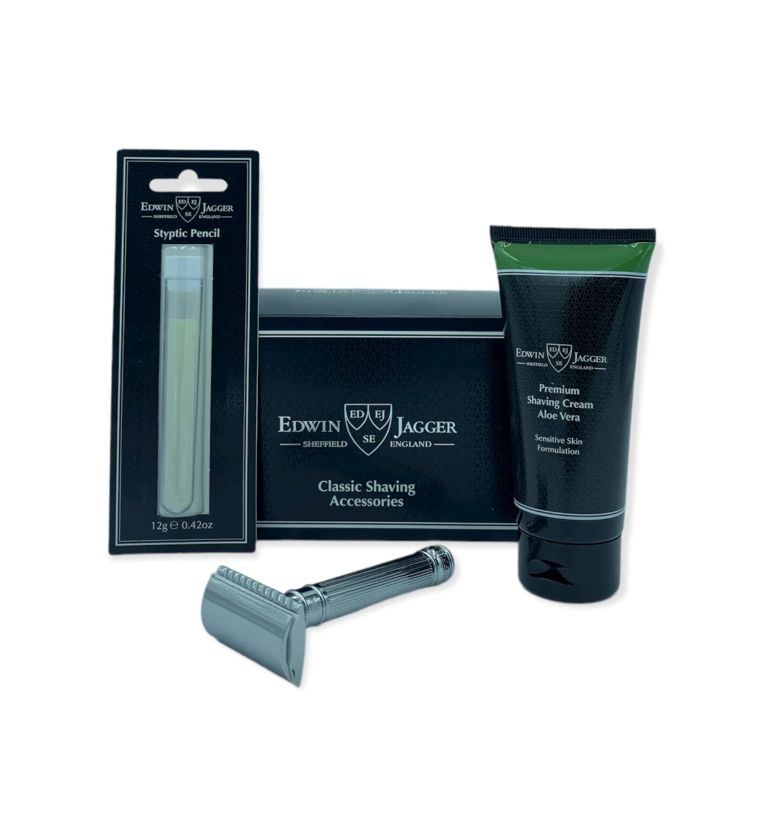 Edwin Jagger Double-Edge Safety Razor Gift Set for Men | Classic Shaving Kit with Aloe Vera Cream & Styptic Pencil - Buy Online on GoSupps.com